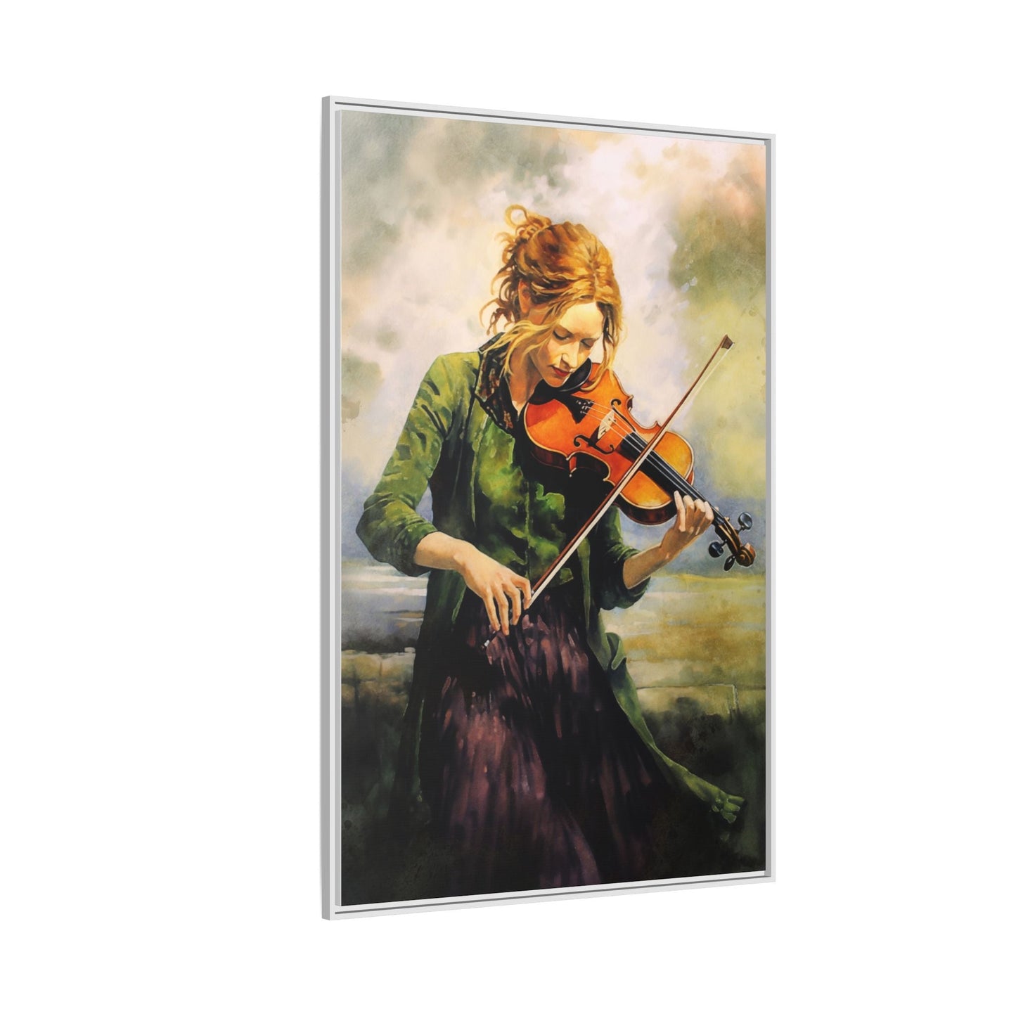 Young Girl with Fiddle wall art featuring a young musician playing the fiddle, printed on high-quality canvas for timeless and elegant décor.