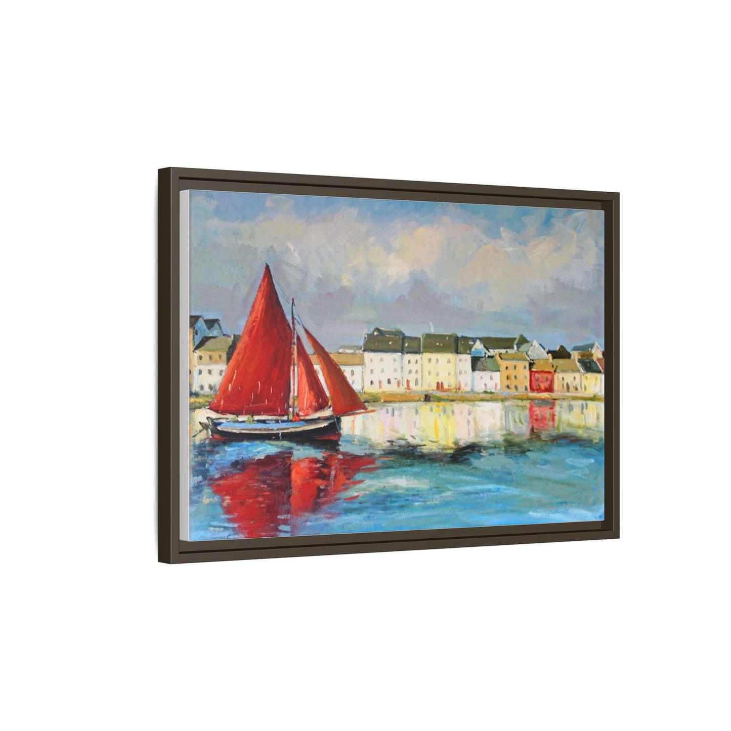 Galway Hooker Leaving Port wall art featuring a Galway Hooker boat sailing in a coastal scene, printed on high-quality canvas with a premium frame.