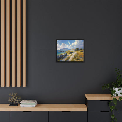 Blustery Day wall art featuring a dramatic wind-swept landscape in a pinewood frame.