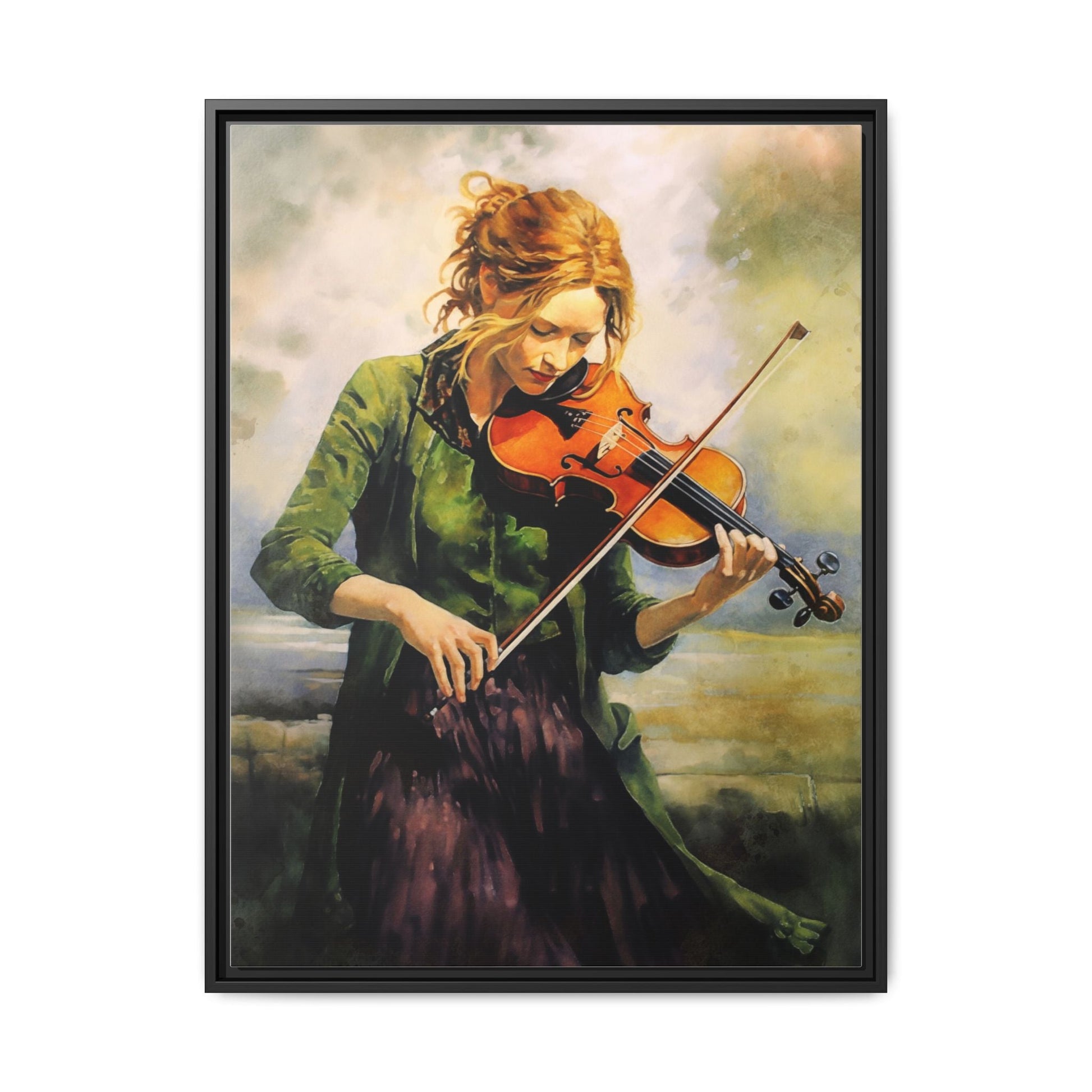 Young Girl with Fiddle wall art featuring a young musician playing the fiddle, printed on high-quality canvas for timeless and elegant décor.