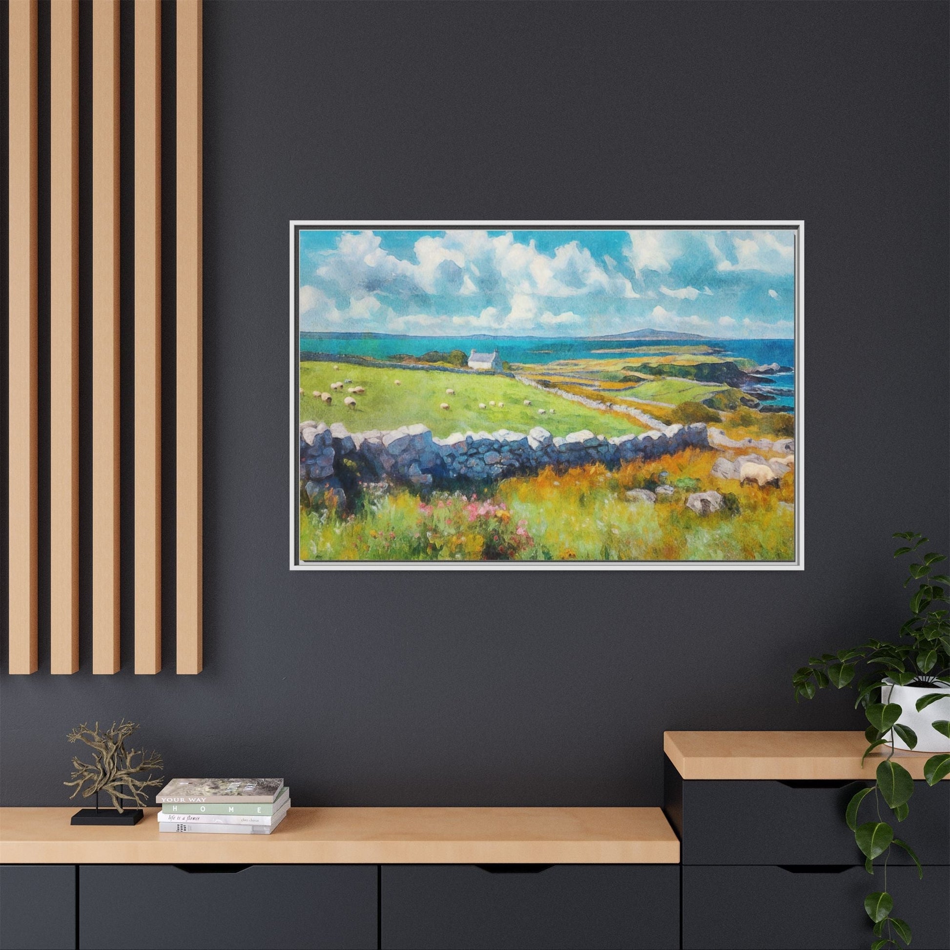 Far Flung Shores W.COL wall art featuring a serene coastal landscape, printed on high-quality canvas with a premium pinewood frame.