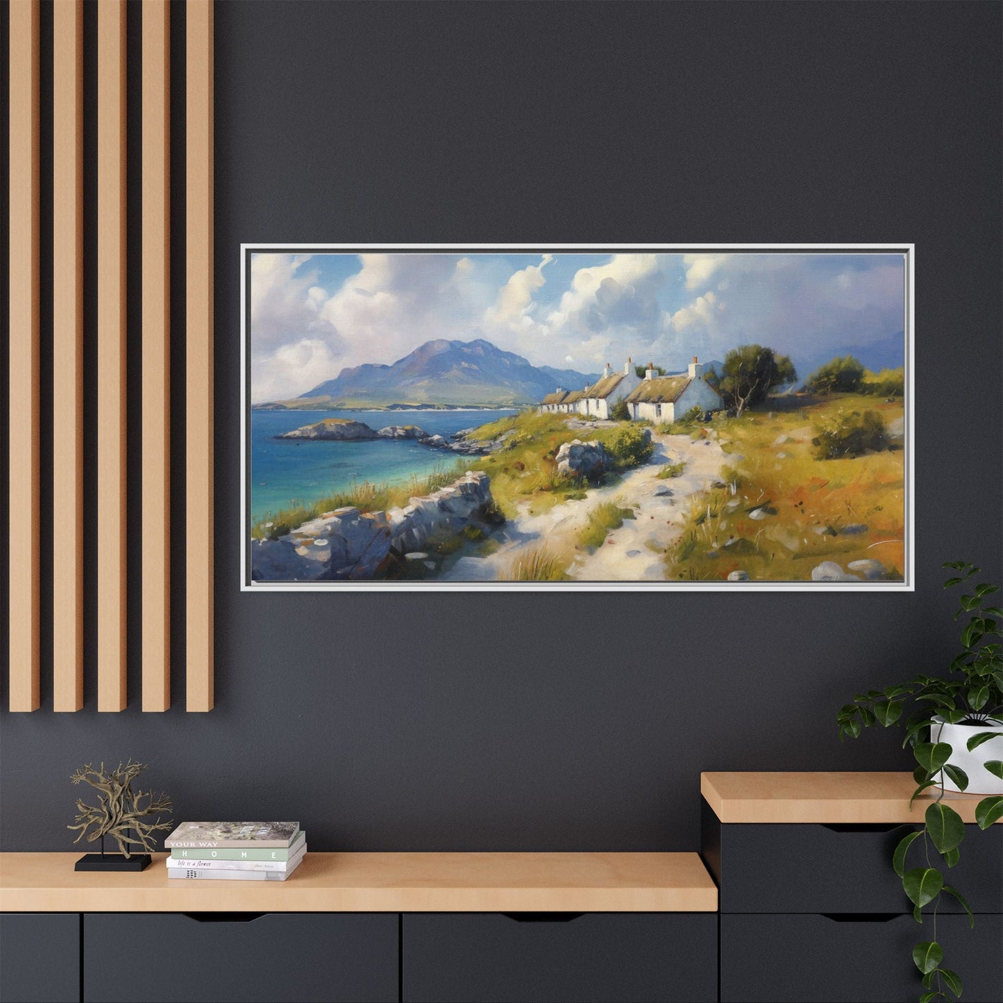 Blustery Day wall art featuring a dramatic wind-swept landscape in a pinewood frame.