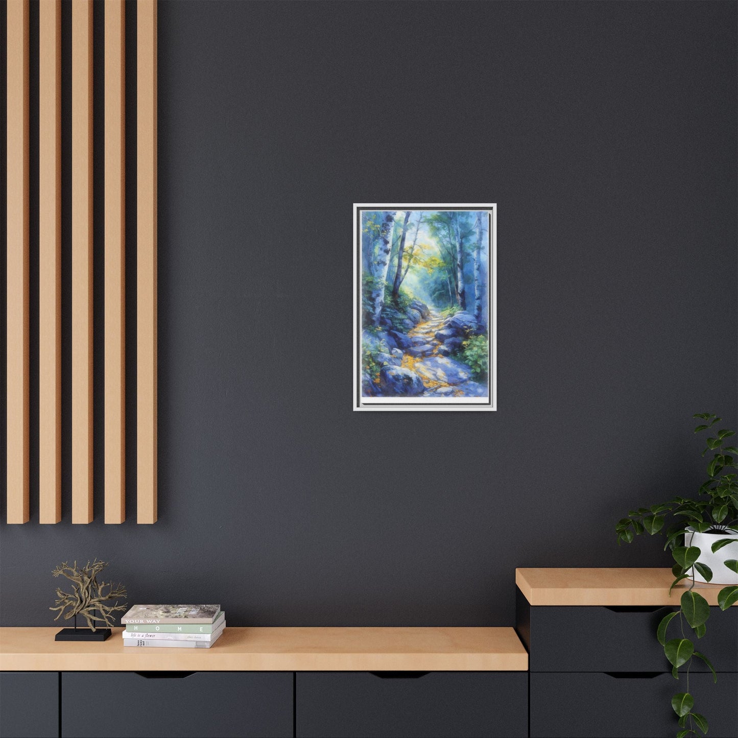 Blue Forest Path II wall art featuring a tranquil forest scene with a serene blue-toned path, printed on high-quality canvas for timeless décor.