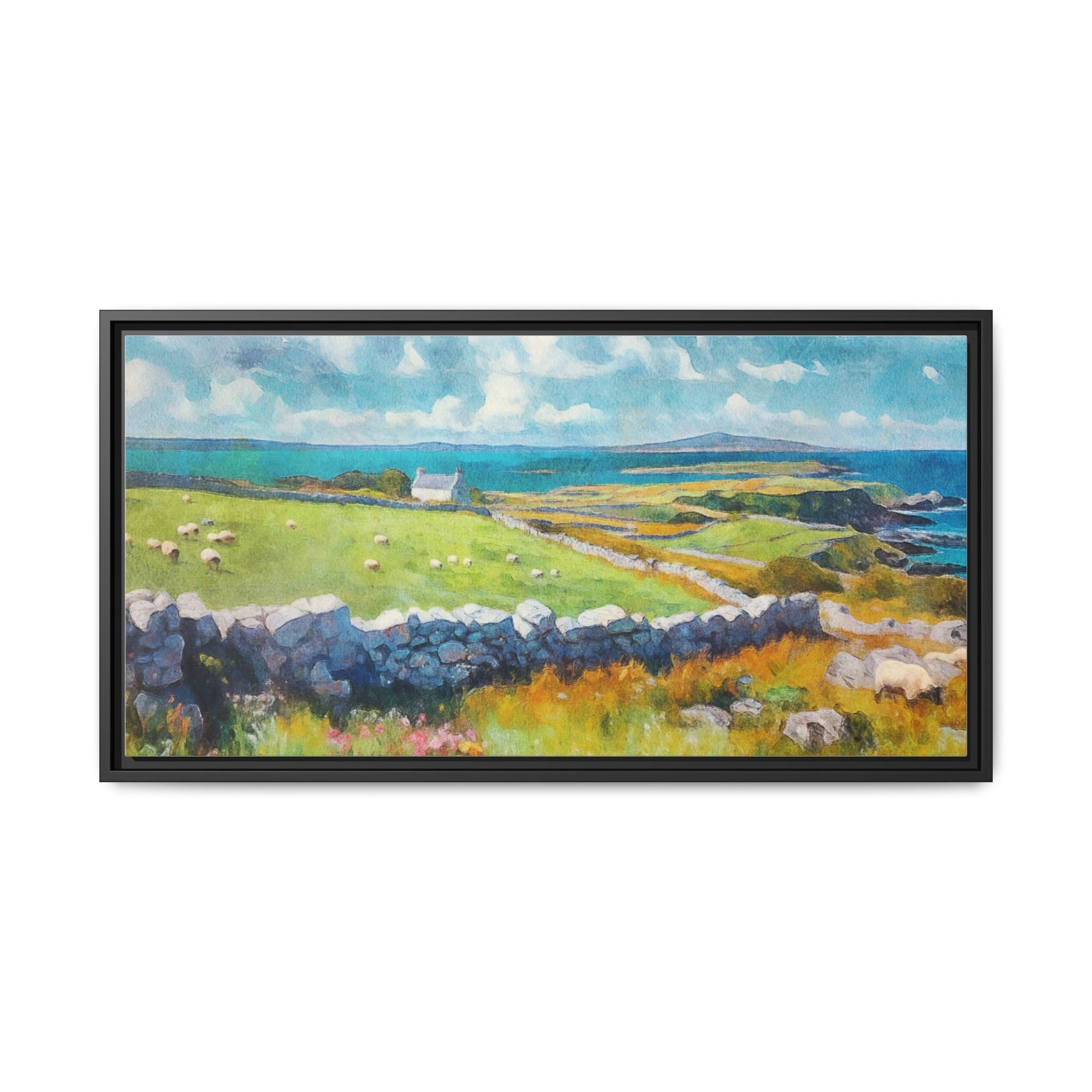 Far Flung Shores W.COL wall art featuring a serene coastal landscape, printed on high-quality canvas with a premium pinewood frame.