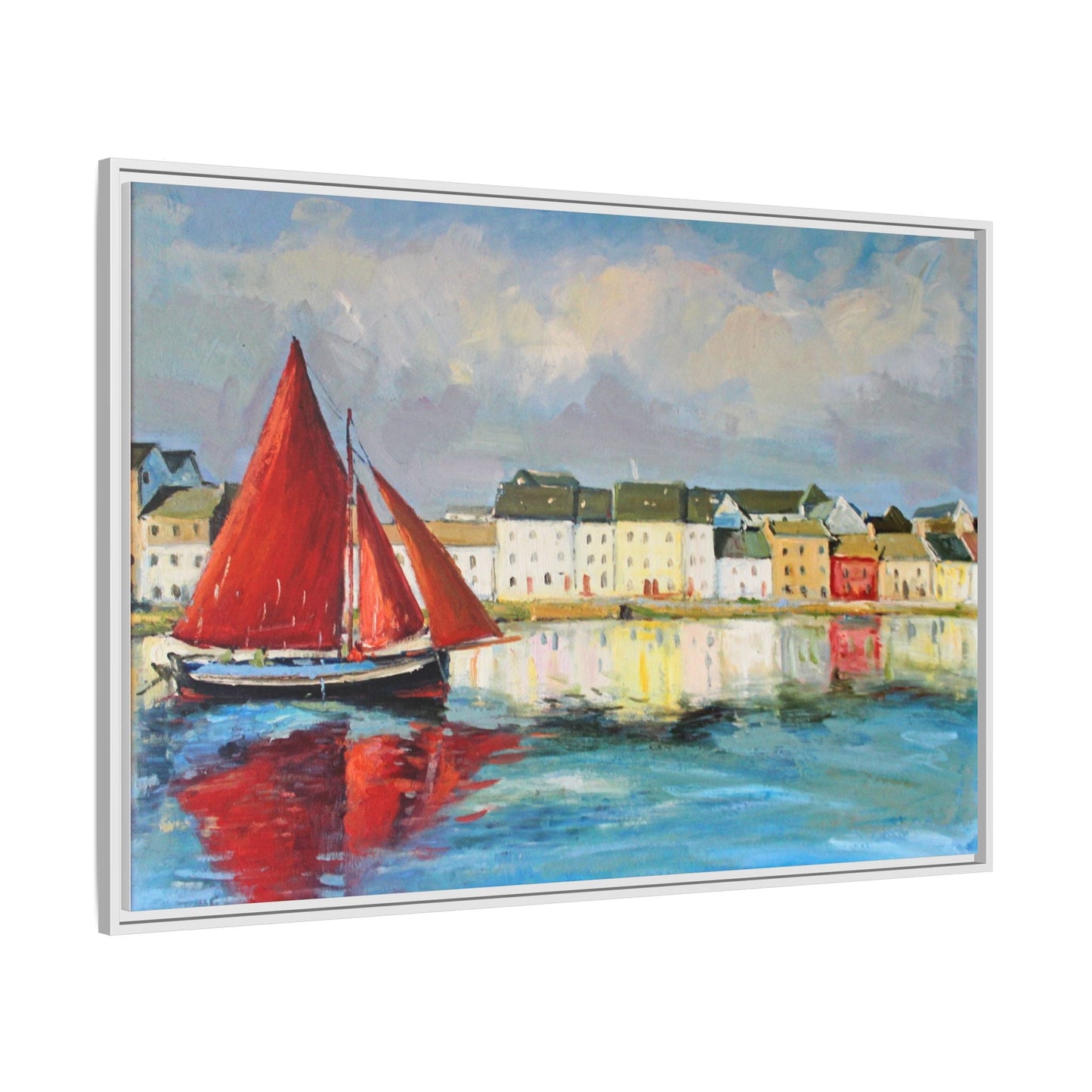 Galway Hooker Leaving Port wall art featuring a Galway Hooker boat sailing in a coastal scene, printed on high-quality canvas with a premium frame.