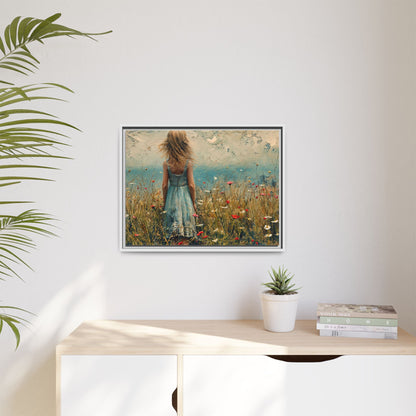 Young Girl Looking Out To Sea wall art, featuring a peaceful ocean view and a young girl in contemplation, printed on high-quality canvas for timeless décor.