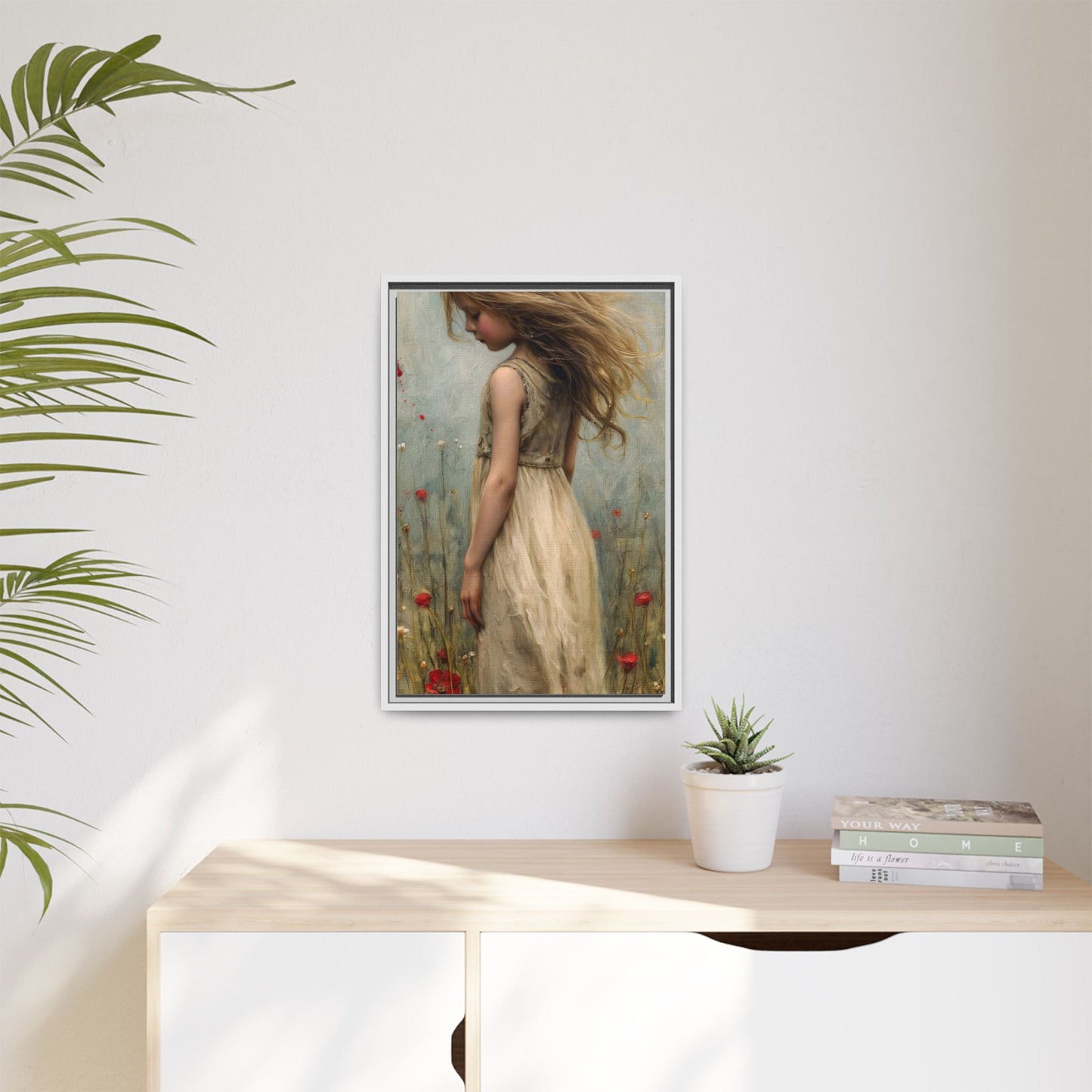 Young Girl In Flowers – Elegant pinewood-framed wall art featuring a high-quality cotton-polyester canvas with vibrant colors and a timeless design.