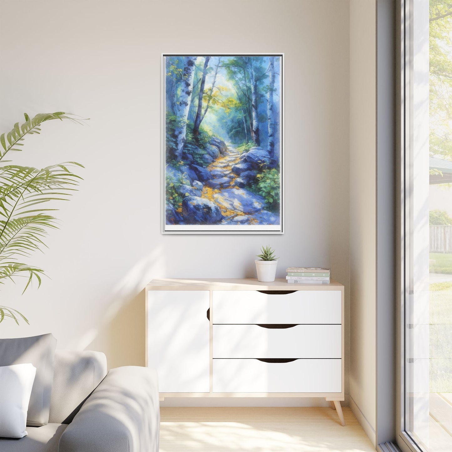 Blue Forest Path II wall art featuring a tranquil forest scene with a serene blue-toned path, printed on high-quality canvas for timeless décor.