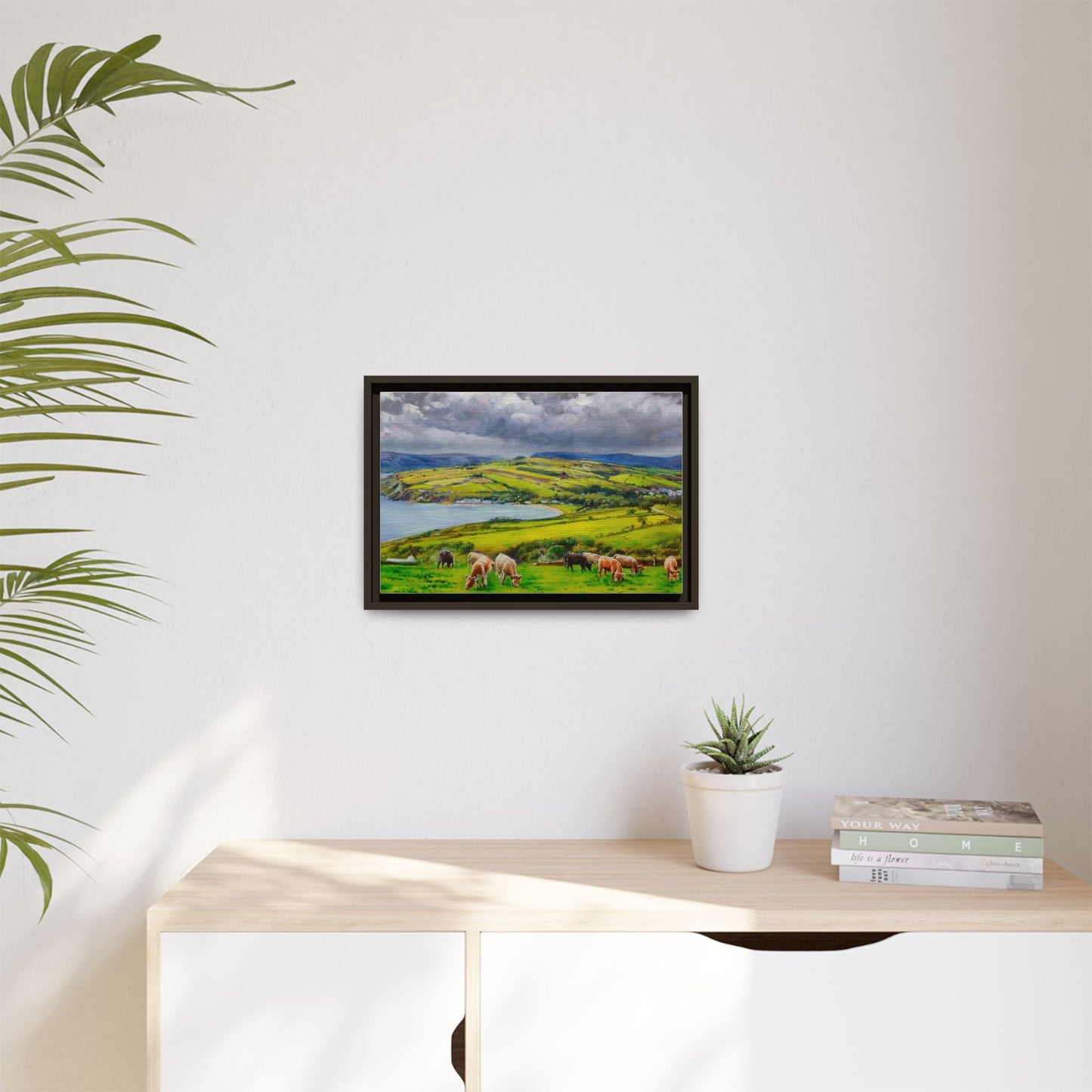 Cushendon Hills wall art showcasing rolling hills and scenic Irish landscapes, framed in high-quality materials for an elegant look.