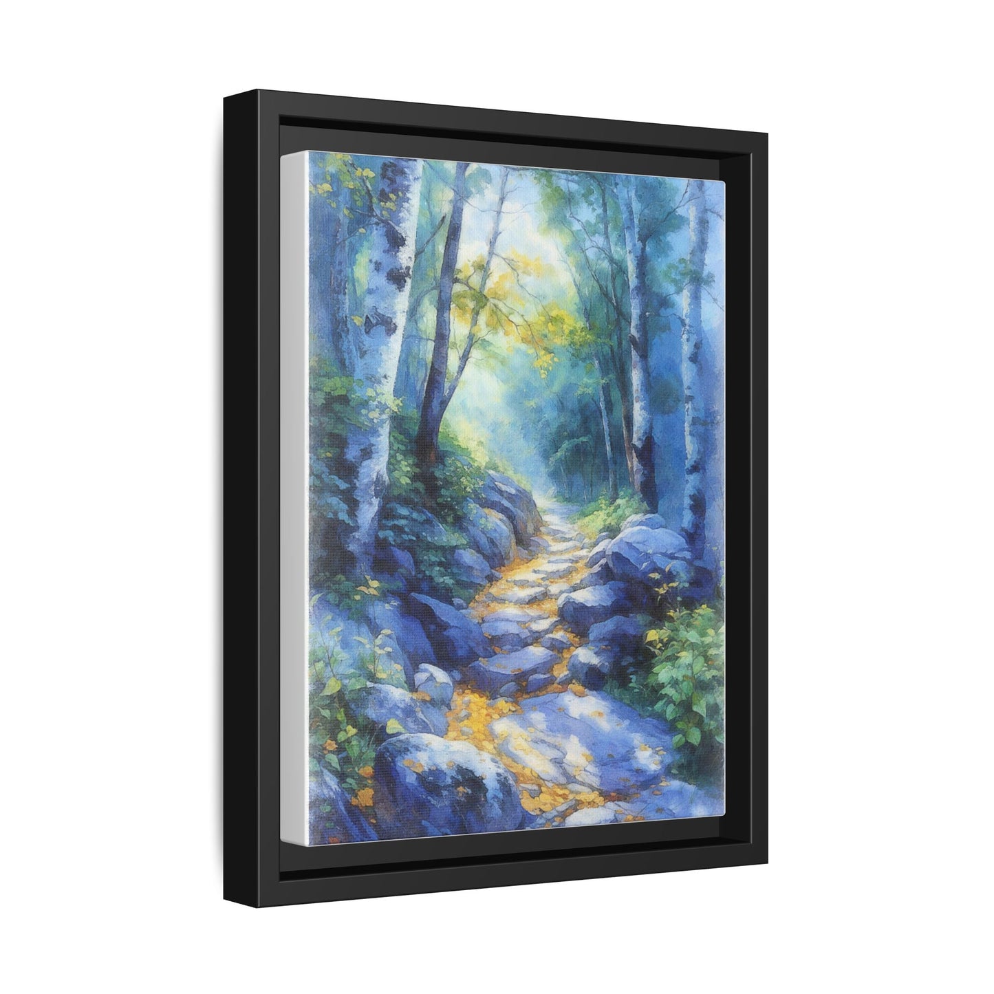 Blue Forest Path II wall art featuring a tranquil forest scene with a serene blue-toned path, printed on high-quality canvas for timeless décor.