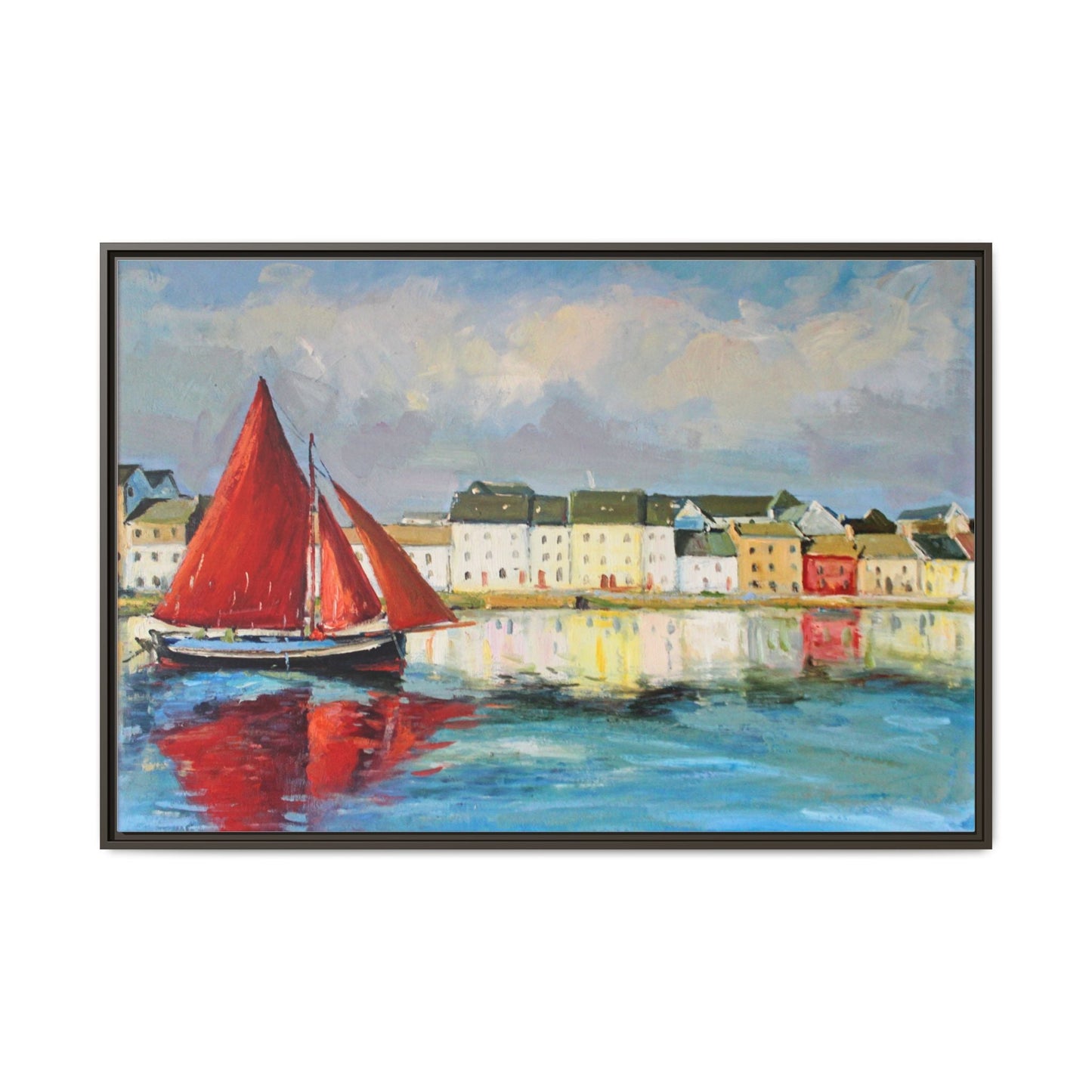 Galway Hooker Leaving Port wall art featuring a Galway Hooker boat sailing in a coastal scene, printed on high-quality canvas with a premium frame.