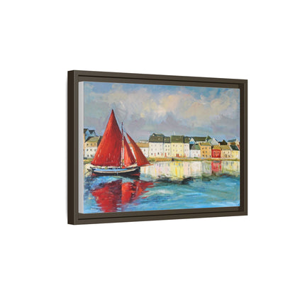 Galway Hooker Leaving Port wall art featuring a Galway Hooker boat sailing in a coastal scene, printed on high-quality canvas with a premium frame.