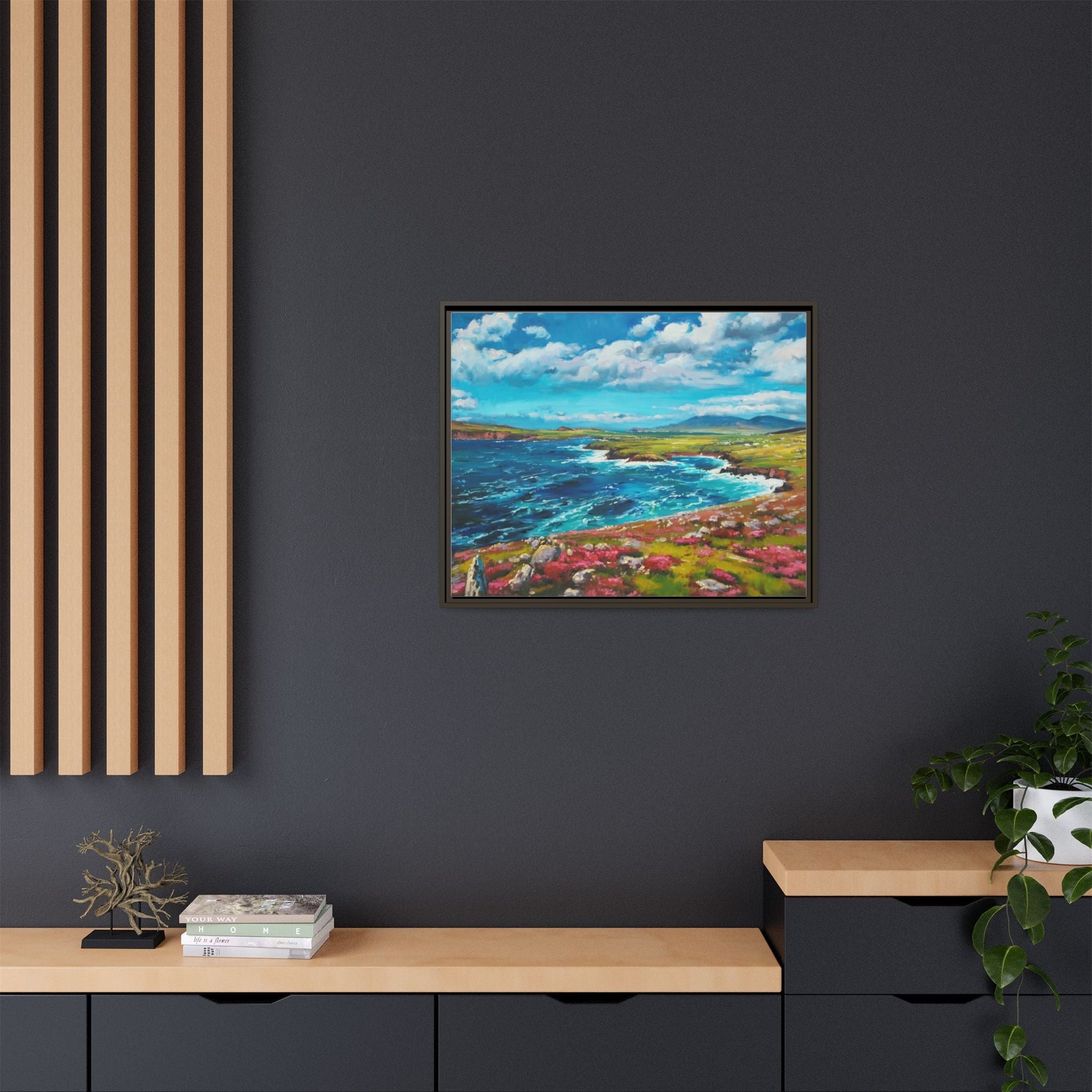 Dingle Peninsula wall art featuring a scenic view of Ireland's rugged coastline, printed on high-quality canvas with a premium frame.