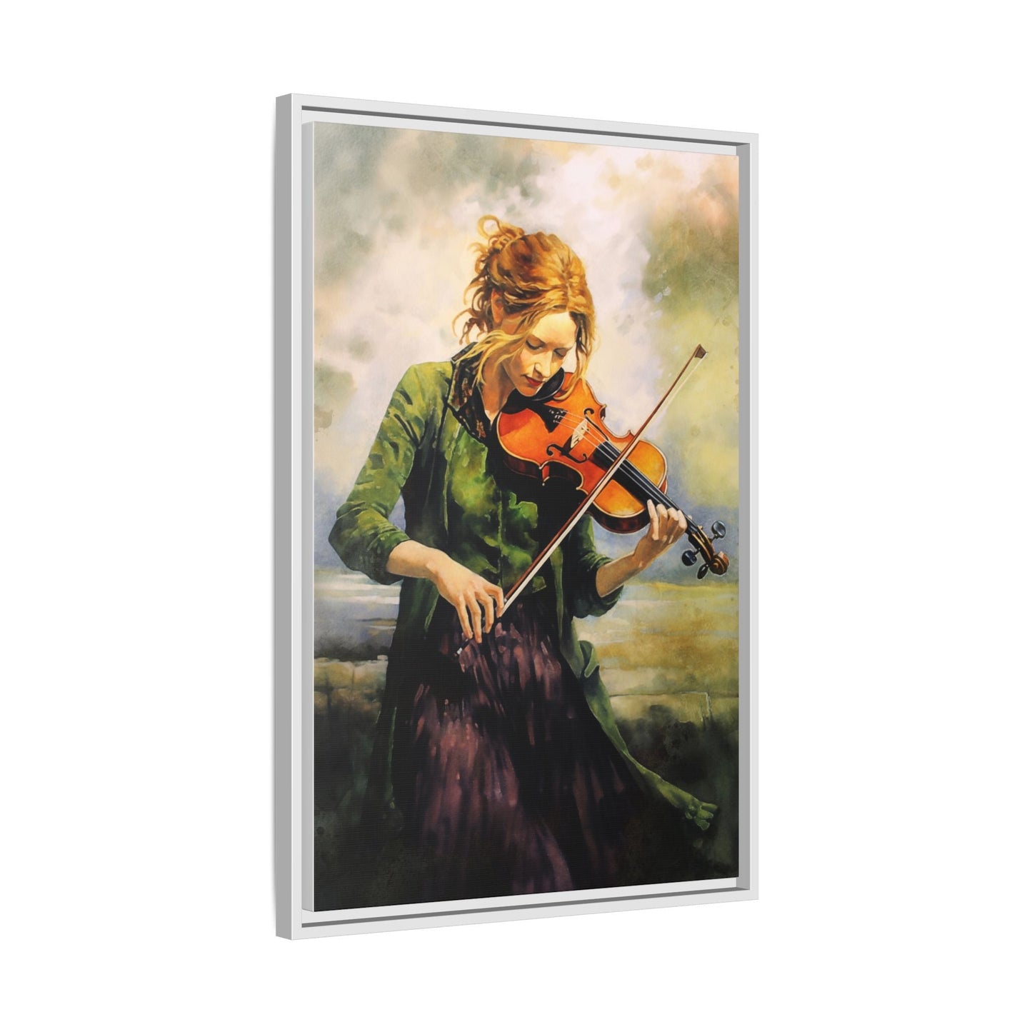 Young Girl with Fiddle wall art featuring a young musician playing the fiddle, printed on high-quality canvas for timeless and elegant décor.