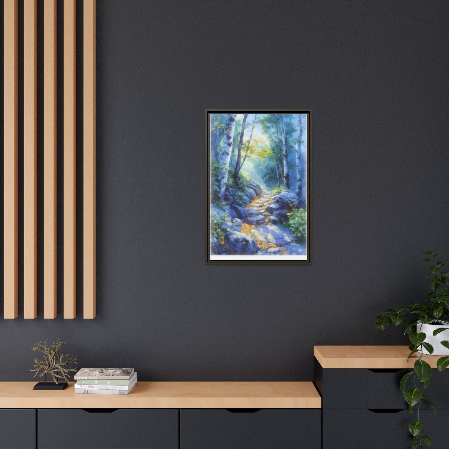 Blue Forest Path II wall art featuring a tranquil forest scene with a serene blue-toned path, printed on high-quality canvas for timeless décor.