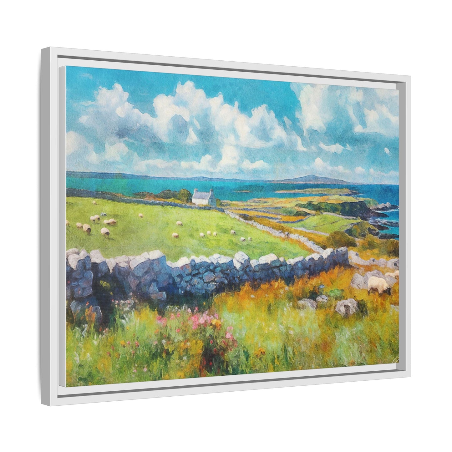 Far Flung Shores W.COL wall art featuring a serene coastal landscape, printed on high-quality canvas with a premium pinewood frame.