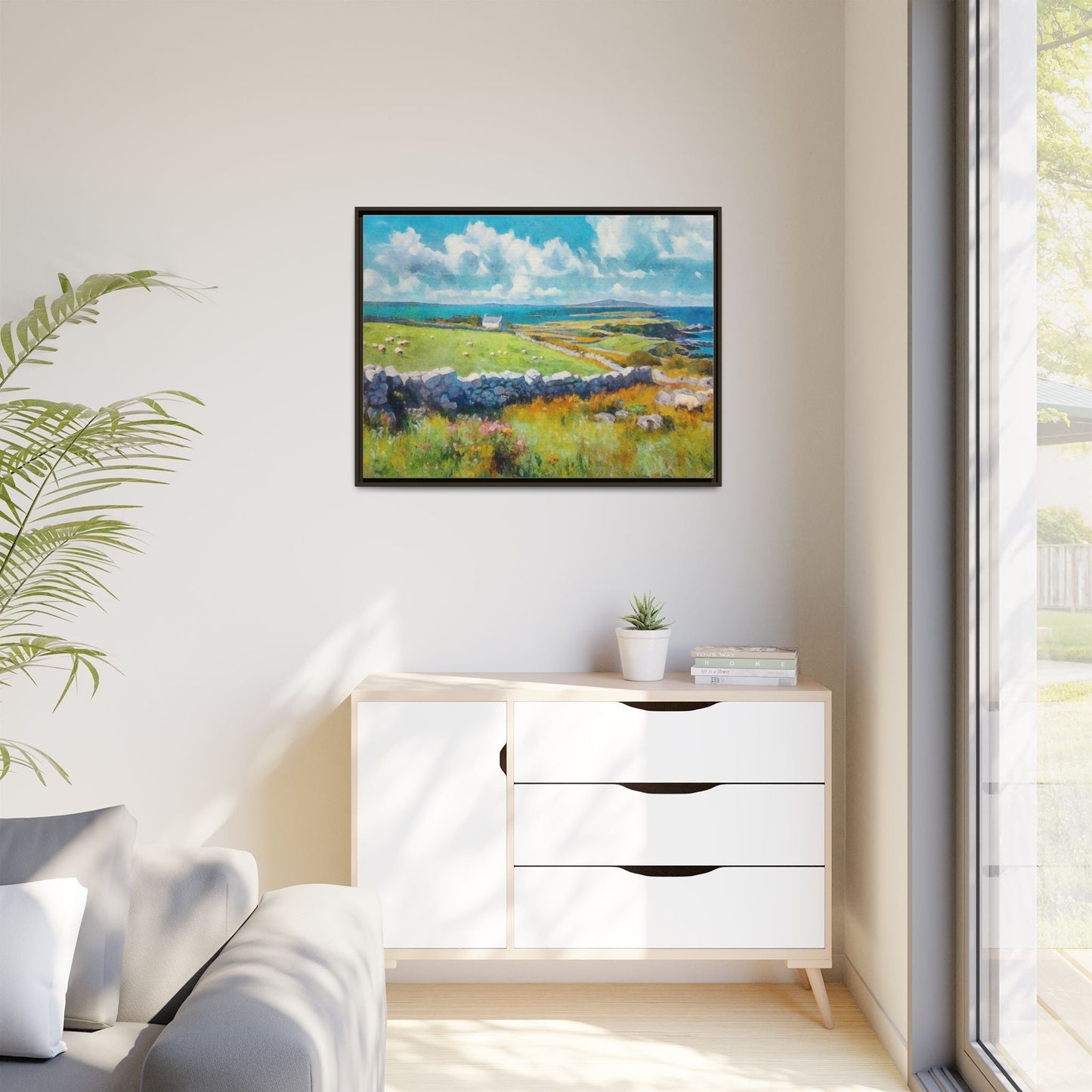 Far Flung Shores W.COL wall art featuring a serene coastal landscape, printed on high-quality canvas with a premium pinewood frame.