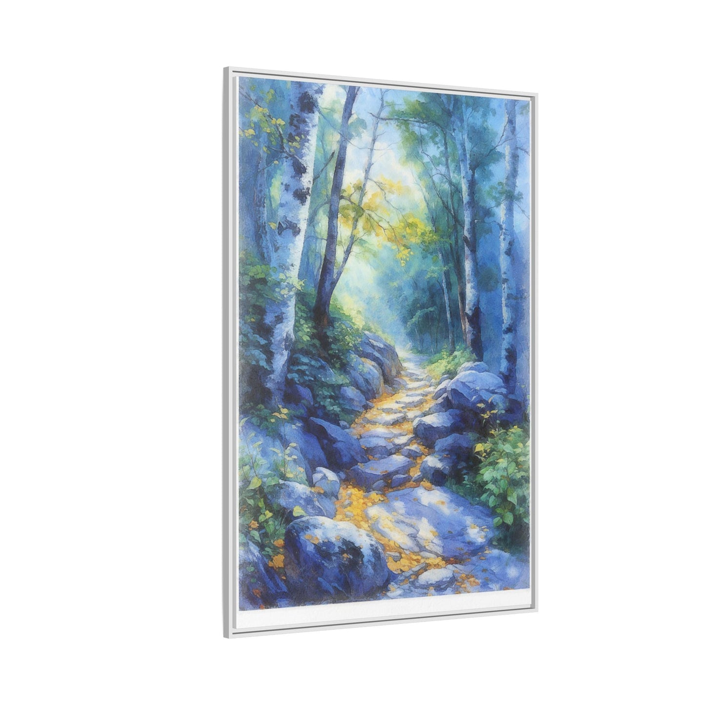 Blue Forest Path II wall art featuring a tranquil forest scene with a serene blue-toned path, printed on high-quality canvas for timeless décor.