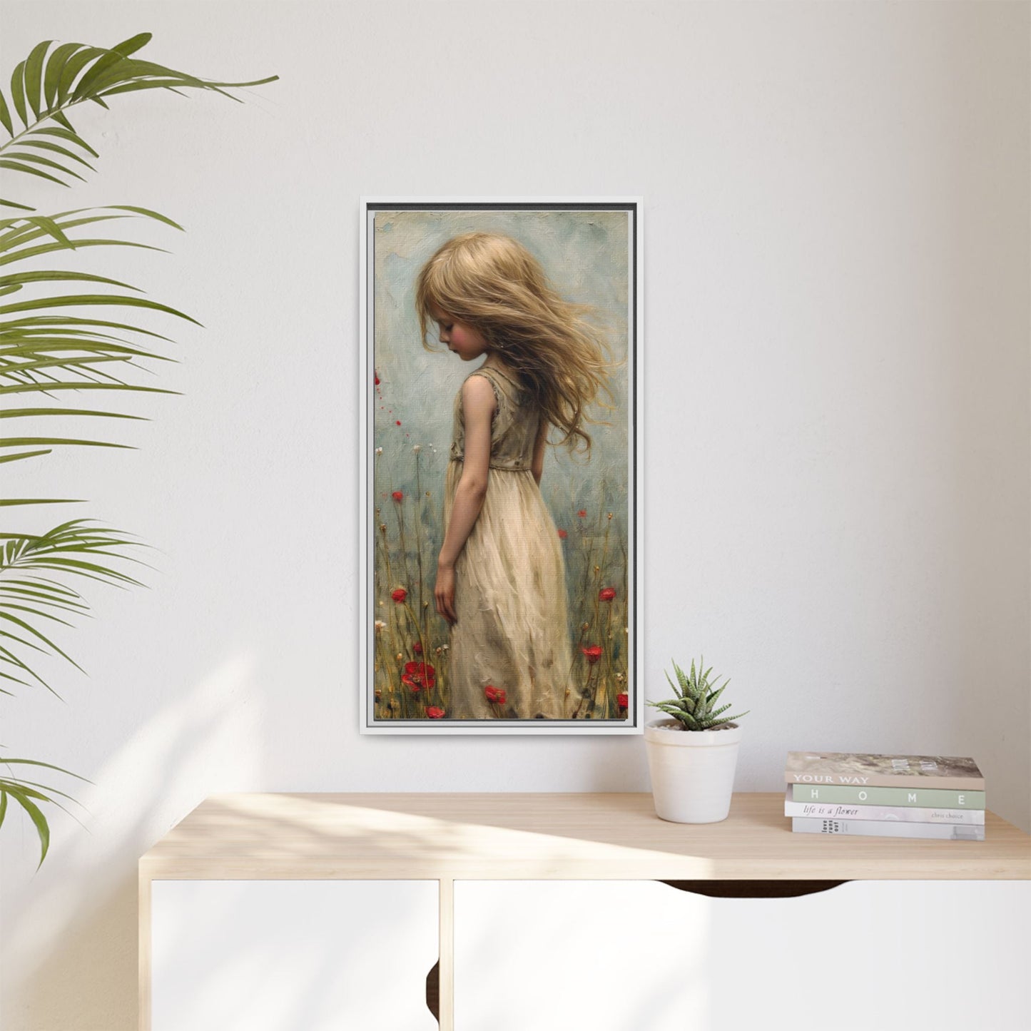 Young Girl In Flowers – Elegant pinewood-framed wall art featuring a high-quality cotton-polyester canvas with vibrant colors and a timeless design.