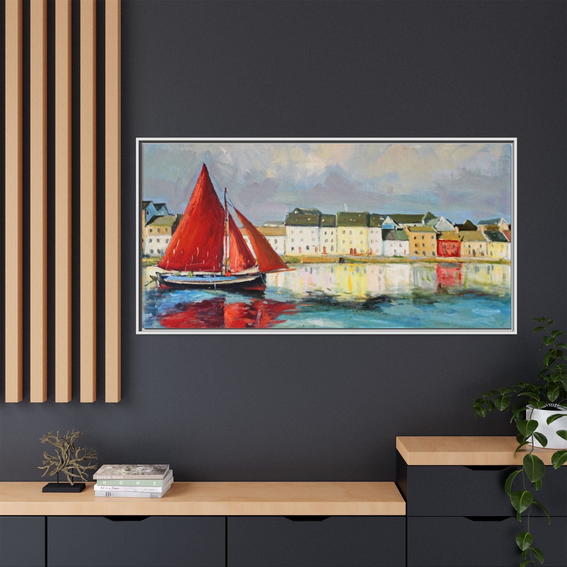 Galway Hooker Leaving Port wall art featuring a Galway Hooker boat sailing in a coastal scene, printed on high-quality canvas with a premium frame.