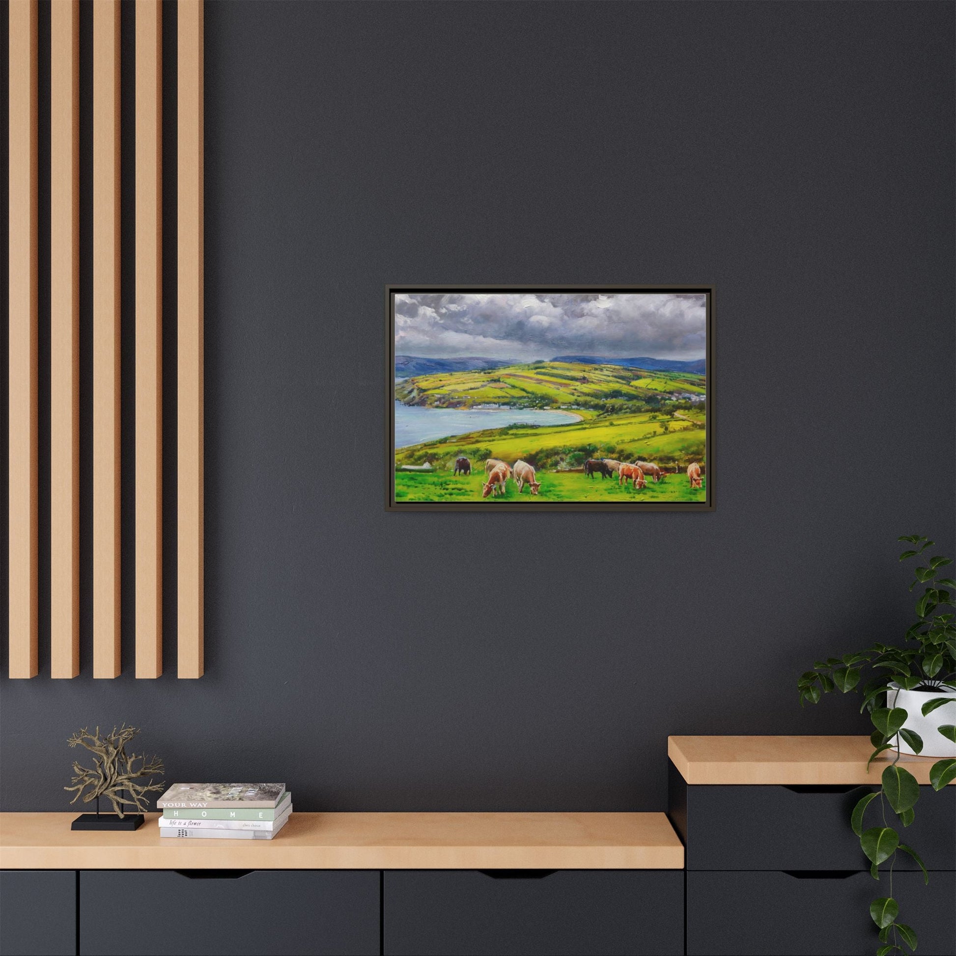 Cushendun Hills wall art showcasing rolling hills and scenic Irish landscapes, framed in high-quality materials for an elegant look.