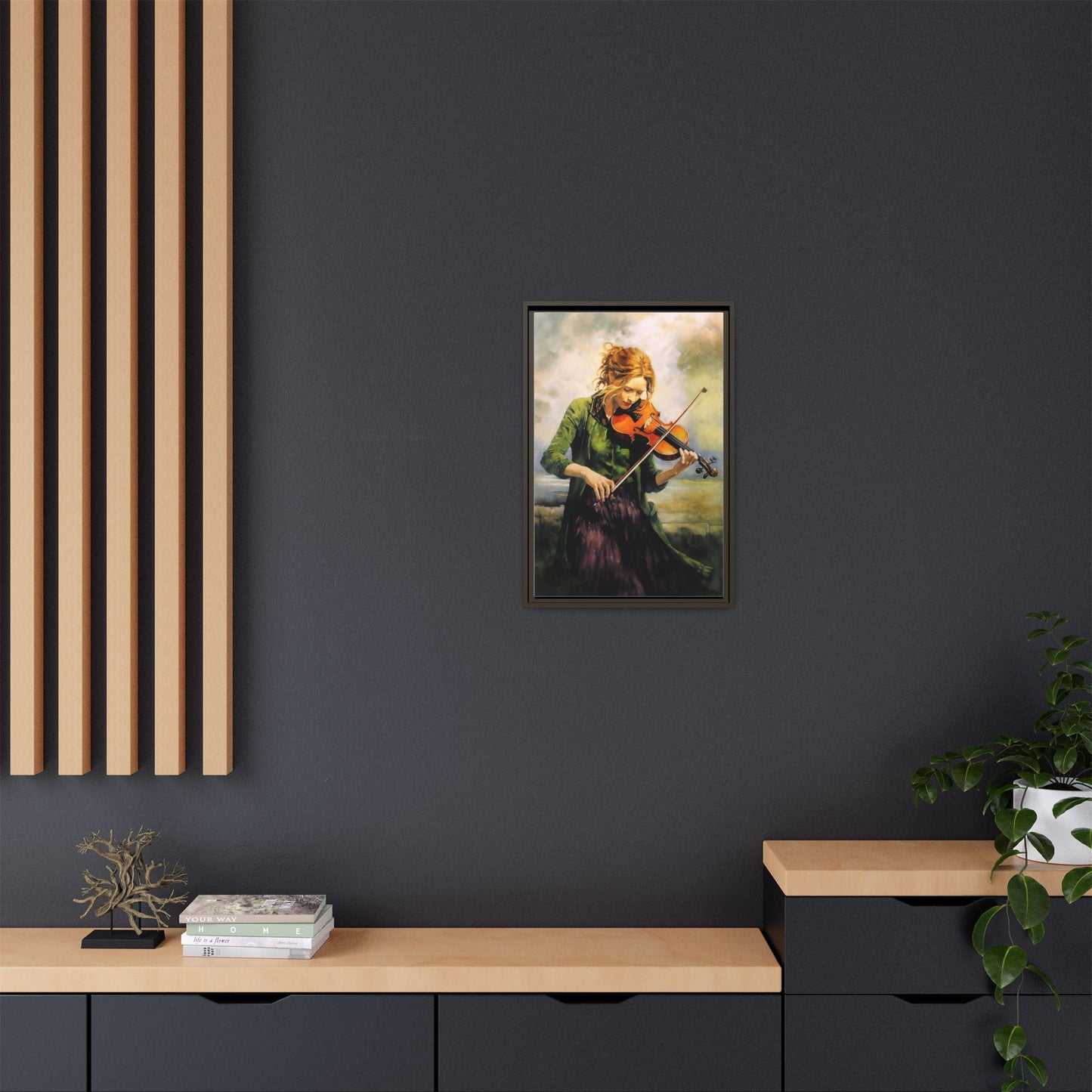 Young Girl with Fiddle wall art featuring a young musician playing the fiddle, printed on high-quality canvas for timeless and elegant décor.