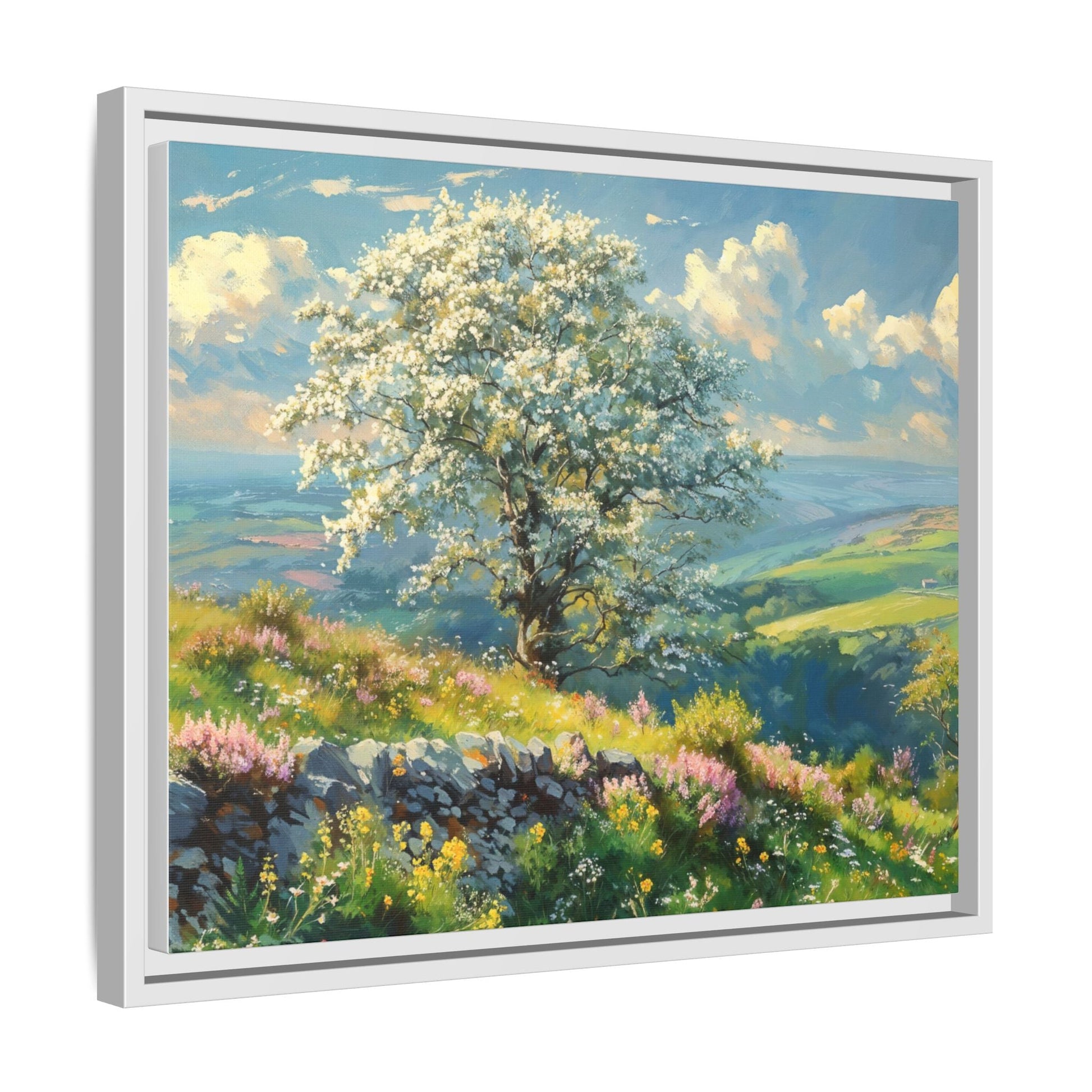 Whitethorn in Bloom wall art featuring a vibrant scene of blooming whitethorn trees, printed on high-quality canvas for a natural and timeless décor.