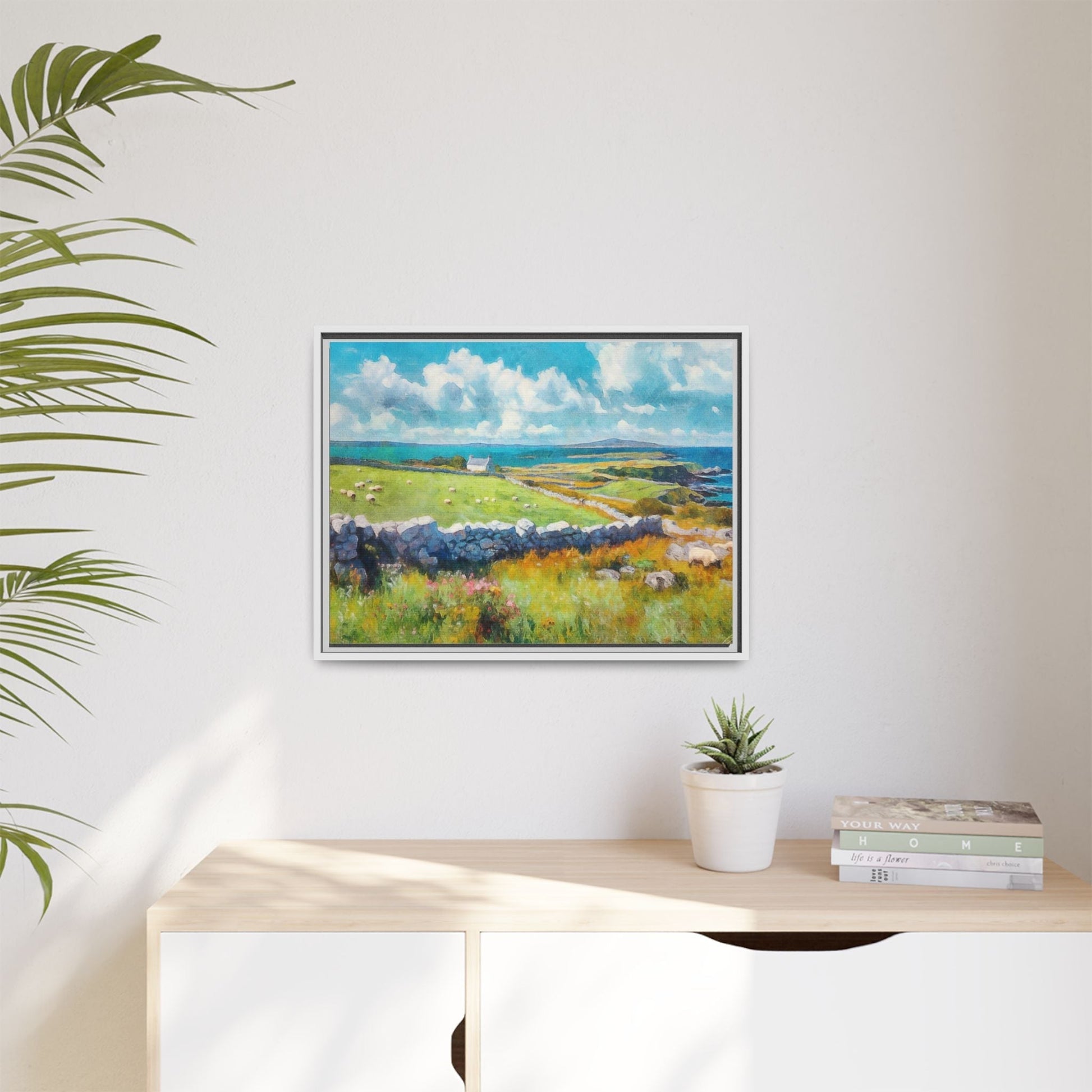 Far Flung Shores W.COL wall art featuring a serene coastal landscape, printed on high-quality canvas with a premium pinewood frame.