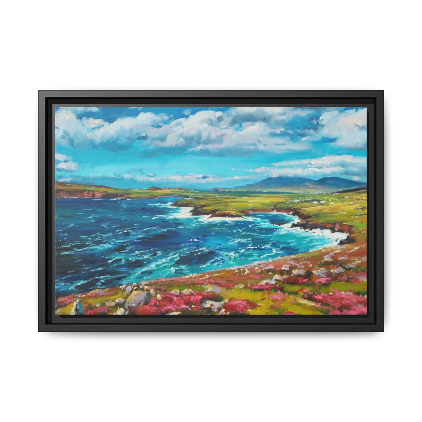 Dingle Peninsula wall art featuring a scenic view of Ireland's rugged coastline, printed on high-quality canvas with a premium frame.