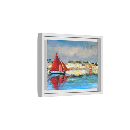 Galway Hooker Leaving Port wall art featuring a Galway Hooker boat sailing in a coastal scene, printed on high-quality canvas with a premium frame.