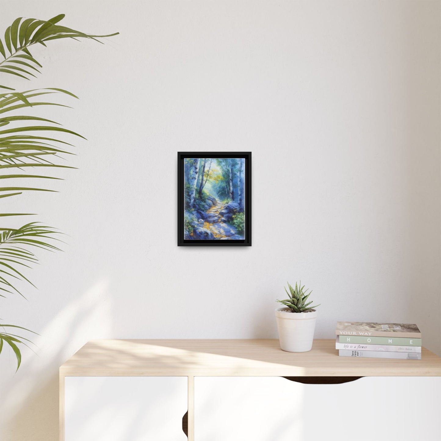 Blue Forest Path II wall art featuring a tranquil forest scene with a serene blue-toned path, printed on high-quality canvas for timeless décor.