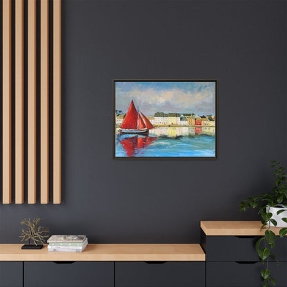 Galway Hooker Leaving Port wall art featuring a Galway Hooker boat sailing in a coastal scene, printed on high-quality canvas with a premium frame.