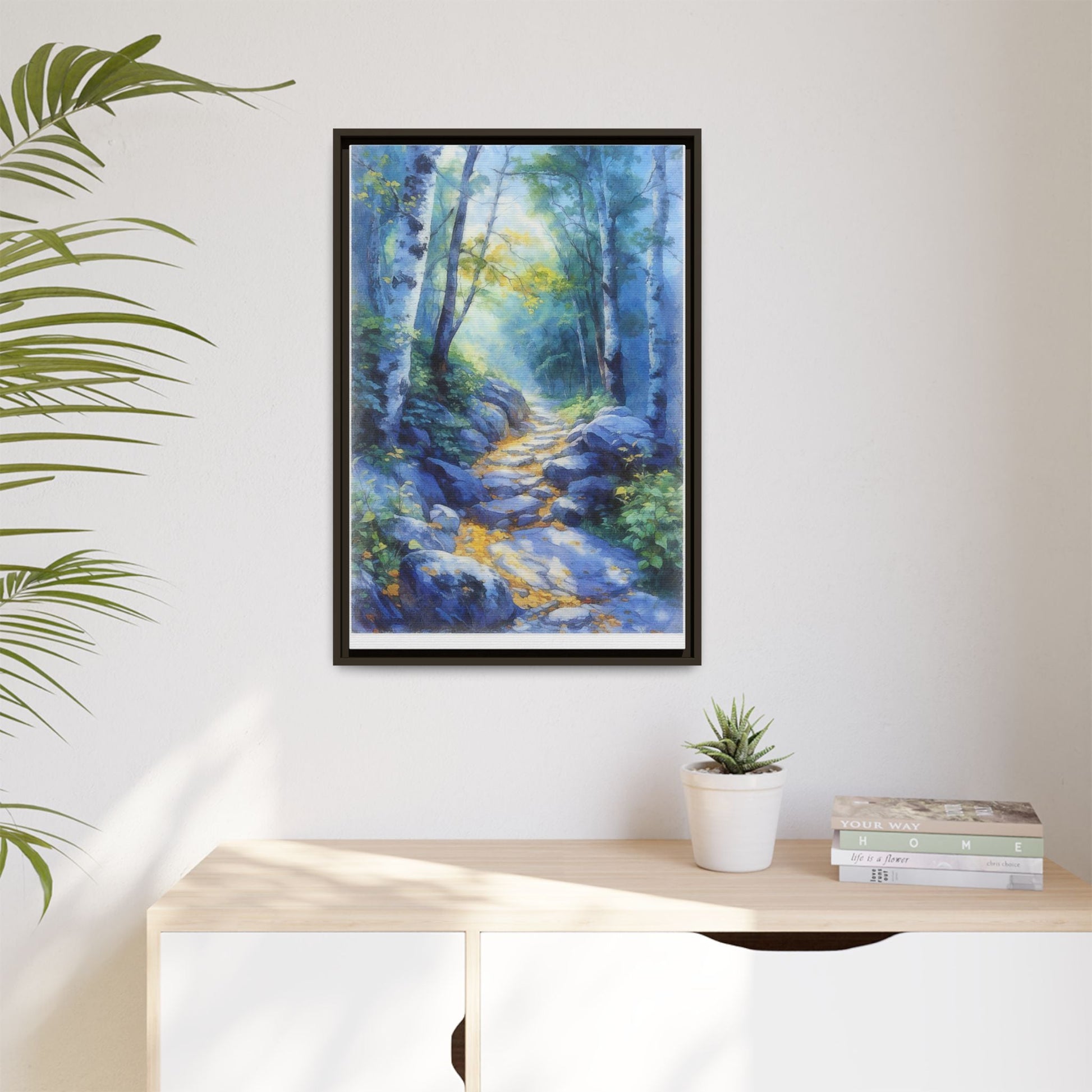 Blue Forest Path II wall art featuring a tranquil forest scene with a serene blue-toned path, printed on high-quality canvas for timeless décor.