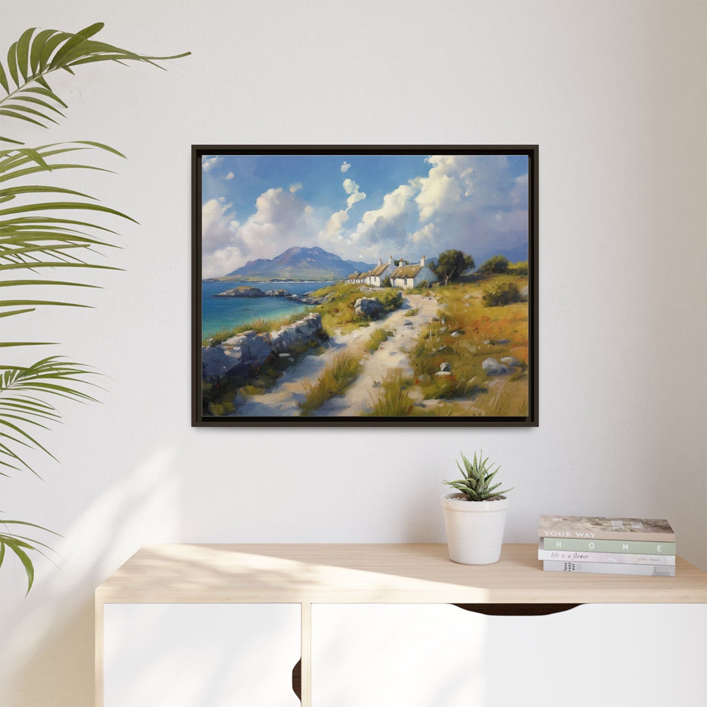 Blustery Day wall art featuring a dramatic wind-swept landscape in a pinewood frame.