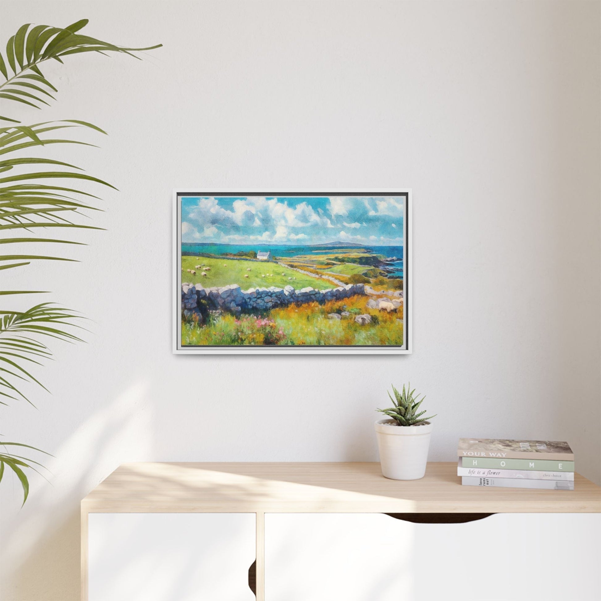 Far Flung Shores W.COL wall art featuring a serene coastal landscape, printed on high-quality canvas with a premium pinewood frame.