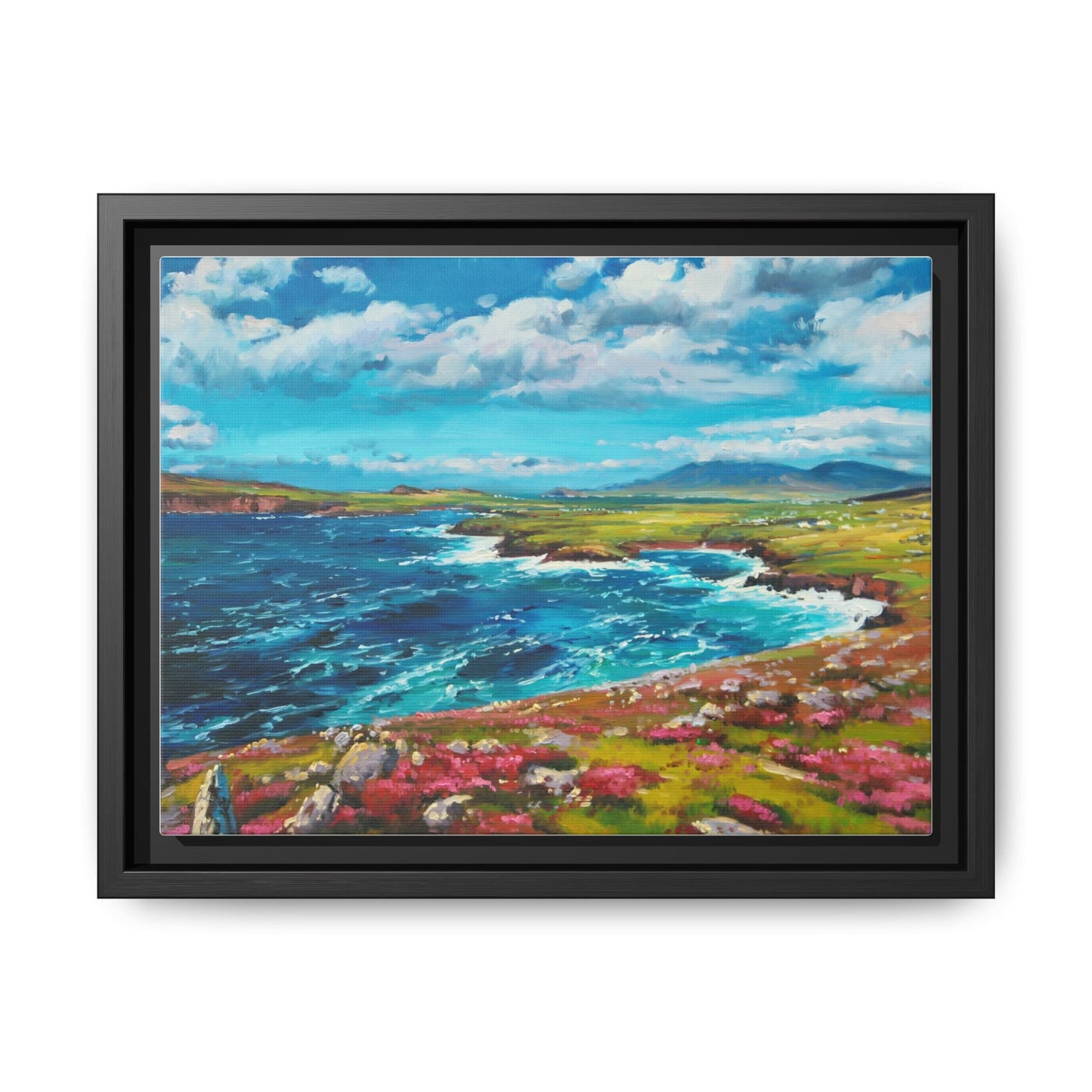 Dingle Peninsula wall art featuring a scenic view of Ireland's rugged coastline, printed on high-quality canvas with a premium frame.