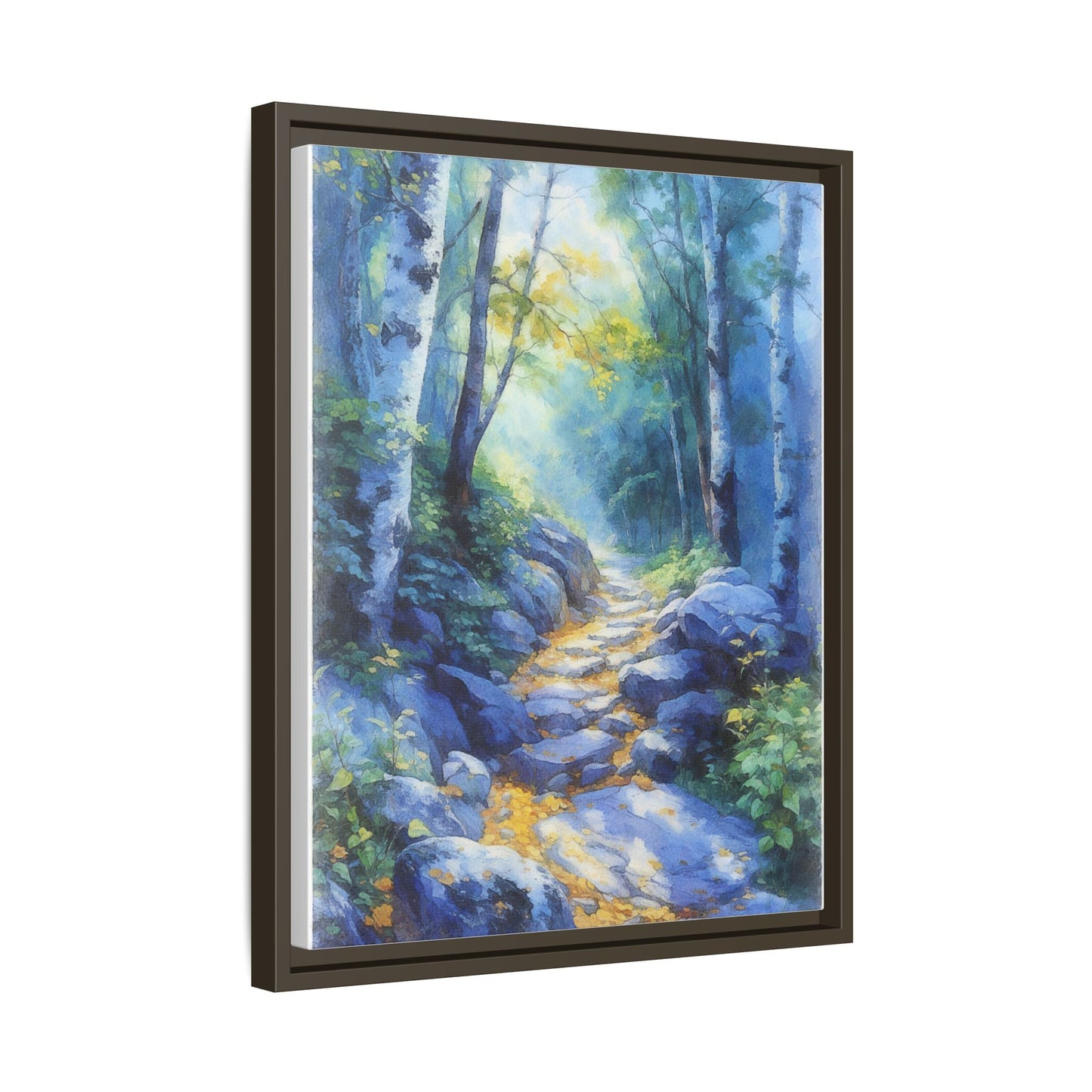 Blue Forest Path II wall art featuring a tranquil forest scene with a serene blue-toned path, printed on high-quality canvas for timeless décor.