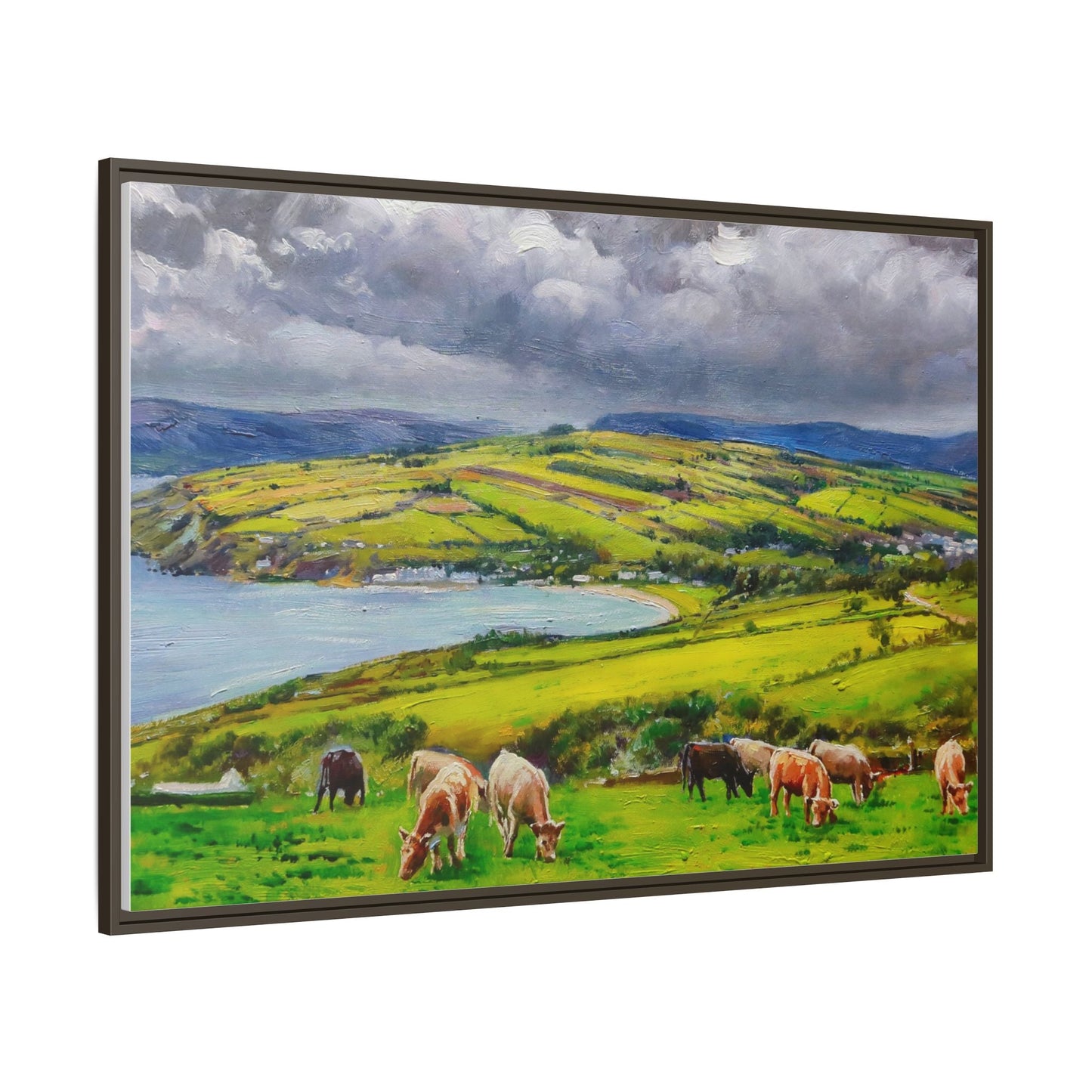 Cushendon Hills wall art showcasing rolling hills and scenic Irish landscapes, framed in high-quality materials for an elegant look.