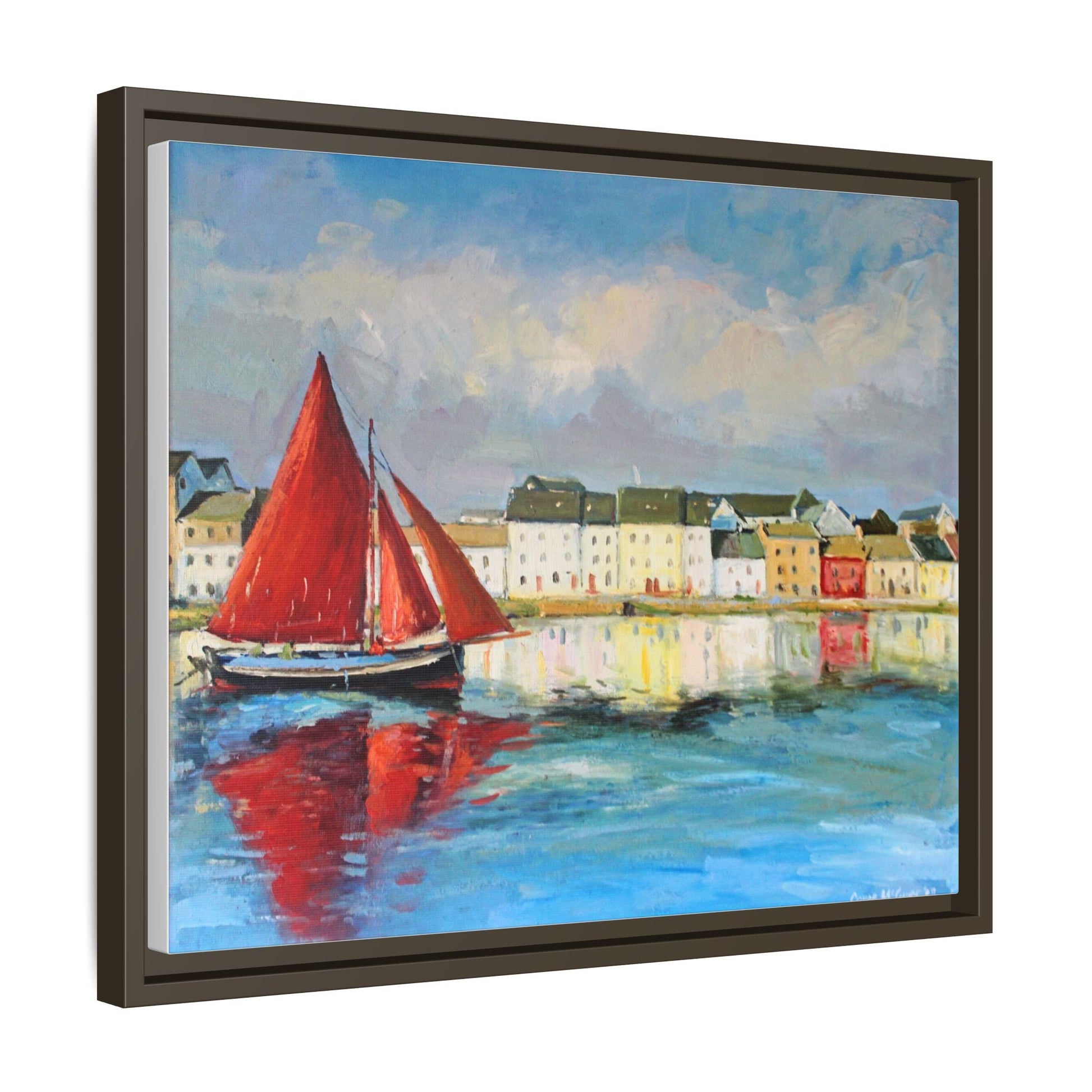 Galway Hooker Leaving Port wall art featuring a Galway Hooker boat sailing in a coastal scene, printed on high-quality canvas with a premium frame.