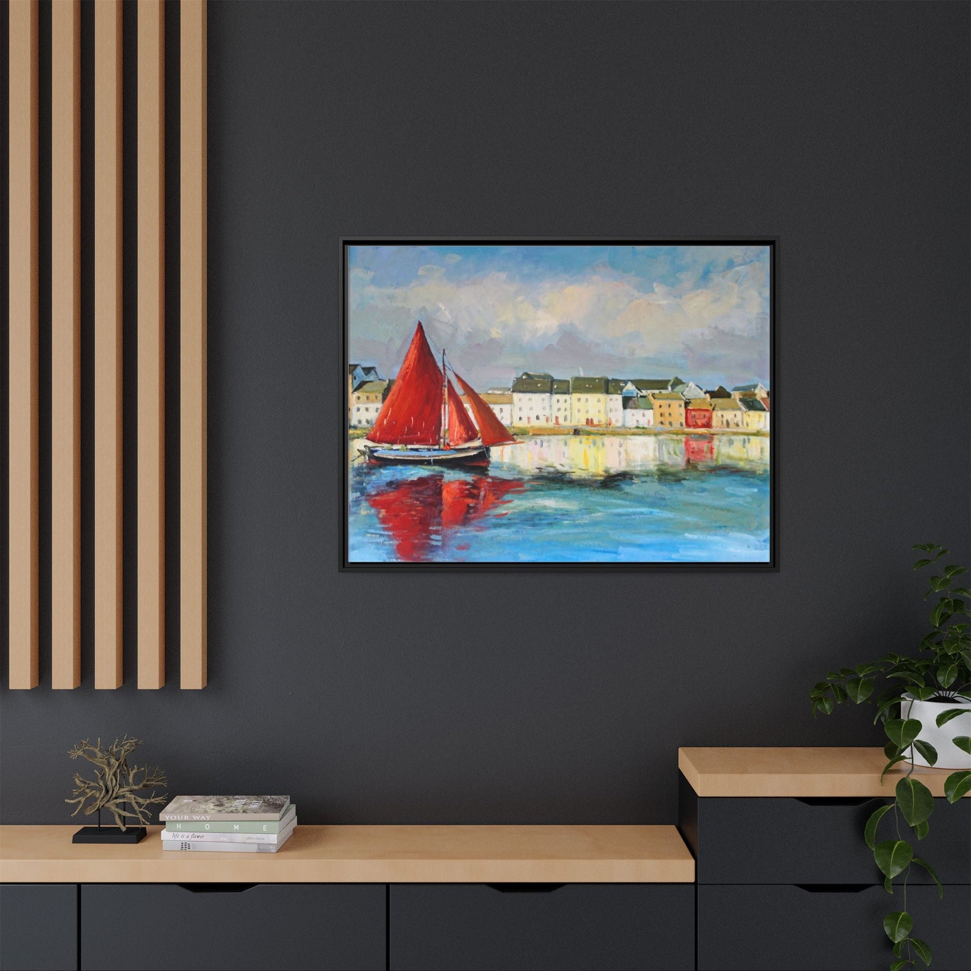 Galway Hooker Leaving Port wall art featuring a Galway Hooker boat sailing in a coastal scene, printed on high-quality canvas with a premium frame.