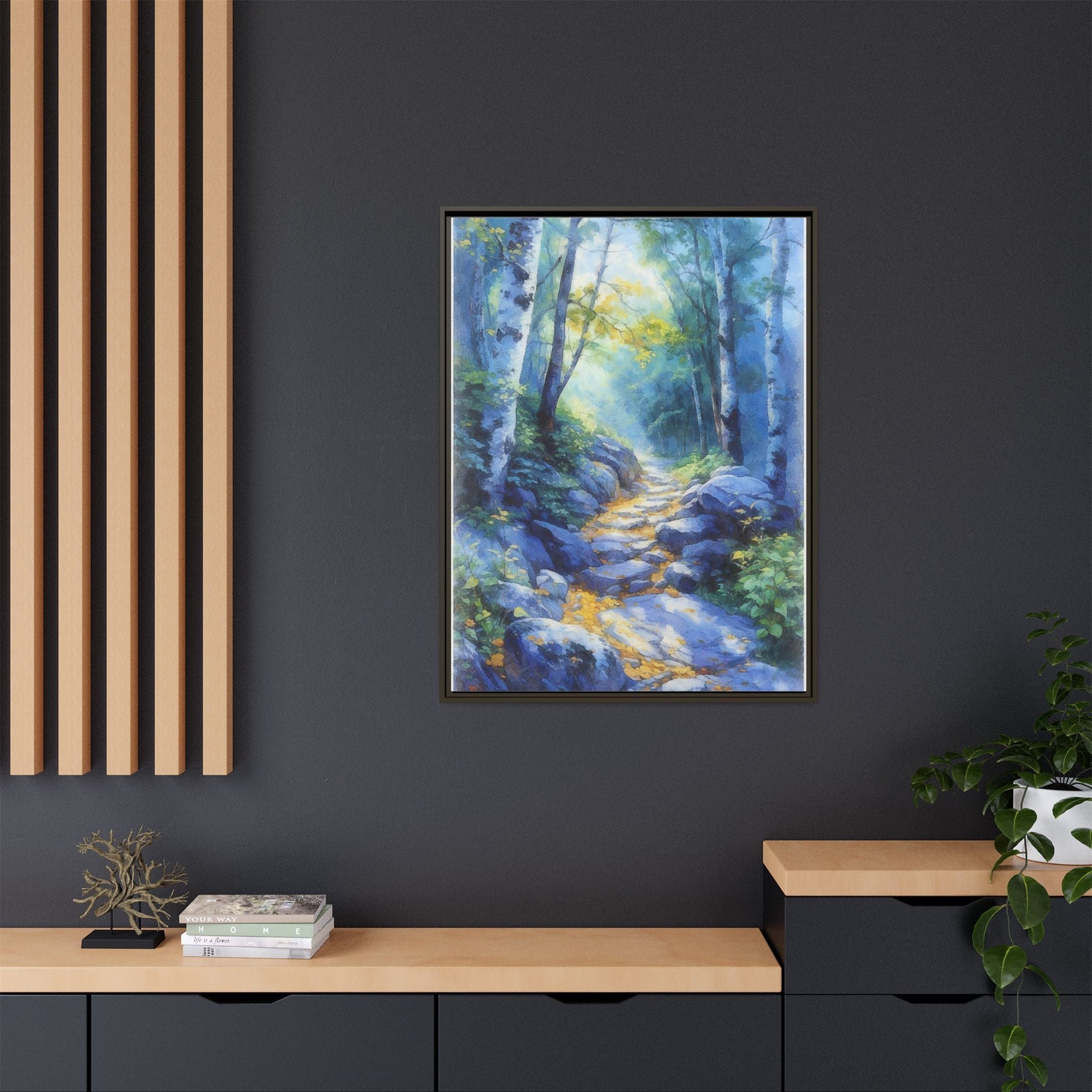 Blue Forest Path II wall art featuring a tranquil forest scene with a serene blue-toned path, printed on high-quality canvas for timeless décor.