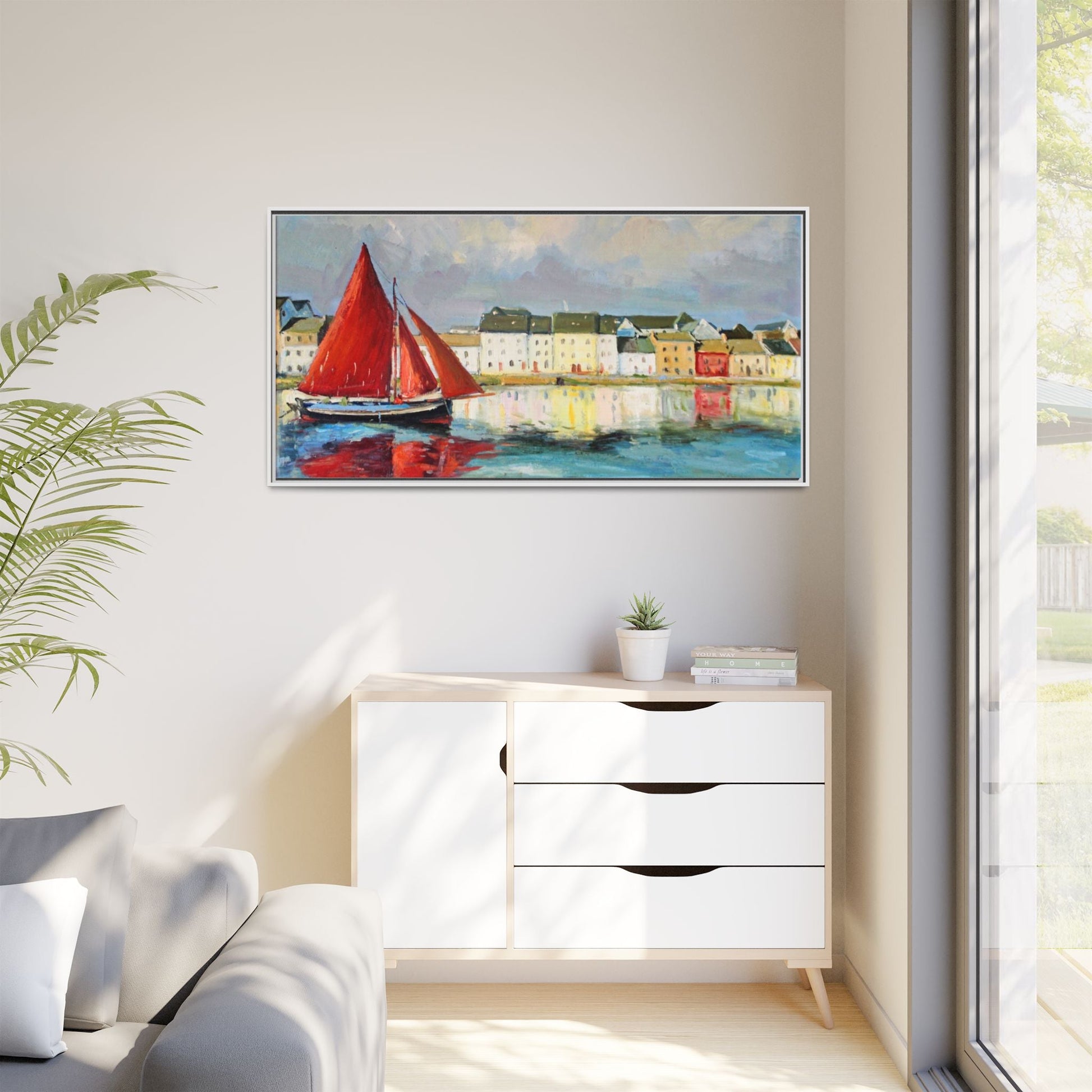 Galway Hooker Leaving Port wall art featuring a Galway Hooker boat sailing in a coastal scene, printed on high-quality canvas with a premium frame.