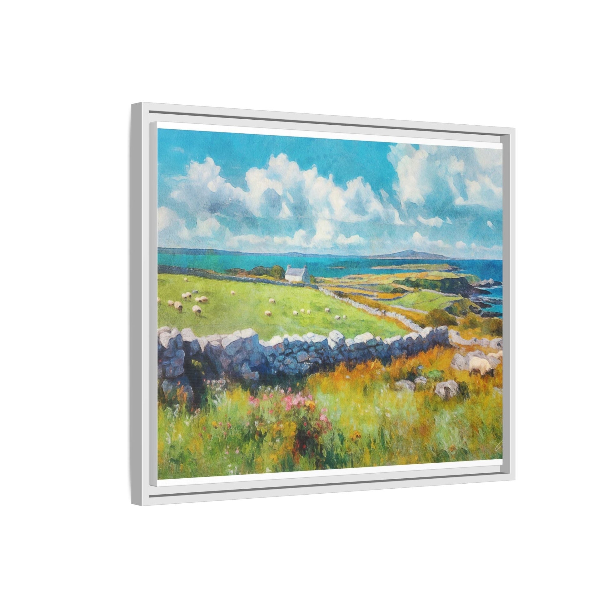 Far Flung Shores W.COL wall art featuring a serene coastal landscape, printed on high-quality canvas with a premium pinewood frame.