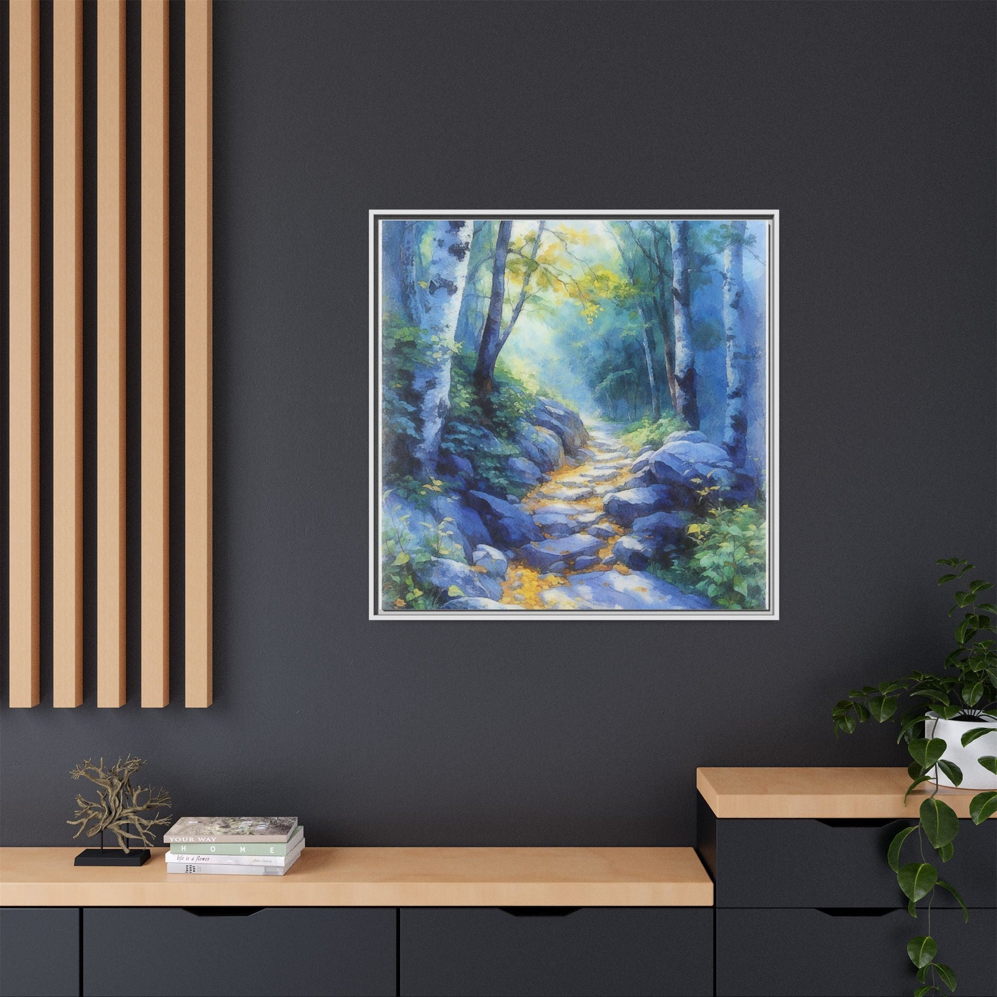 Blue Forest Path II wall art featuring a tranquil forest scene with a serene blue-toned path, printed on high-quality canvas for timeless décor.