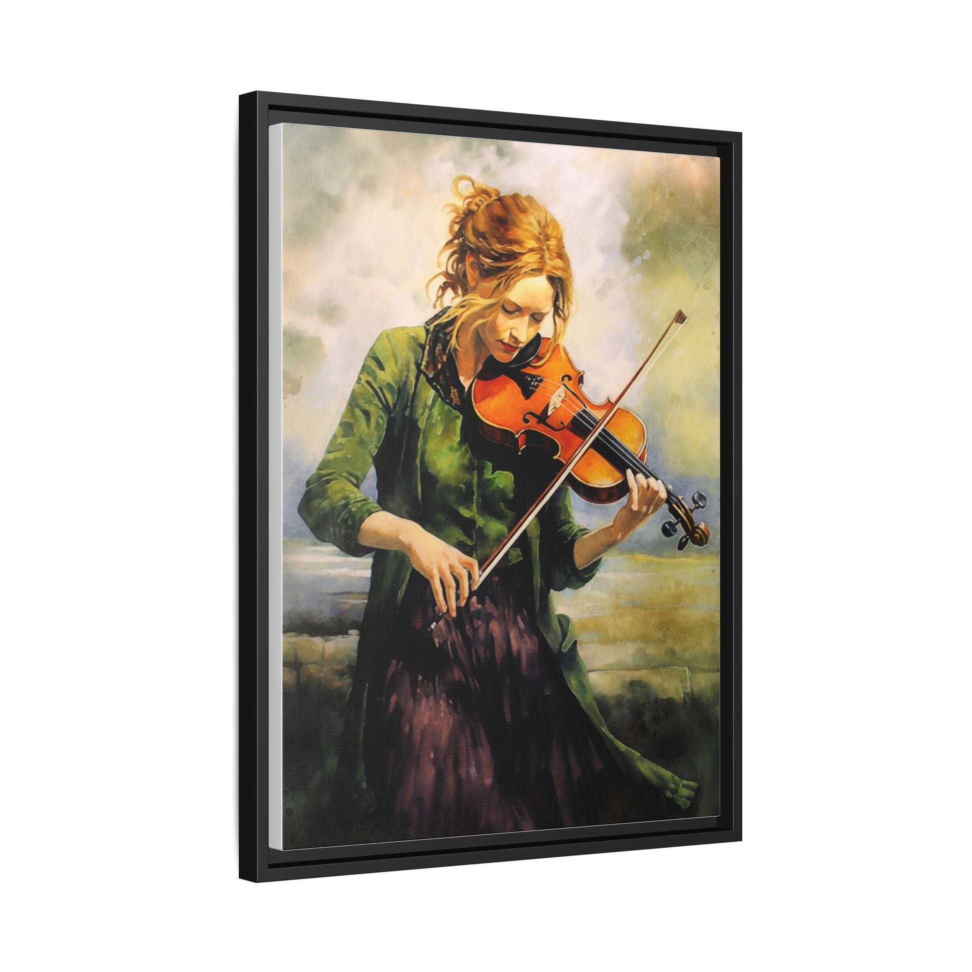 Young Girl with Fiddle wall art featuring a young musician playing the fiddle, printed on high-quality canvas for timeless and elegant décor.