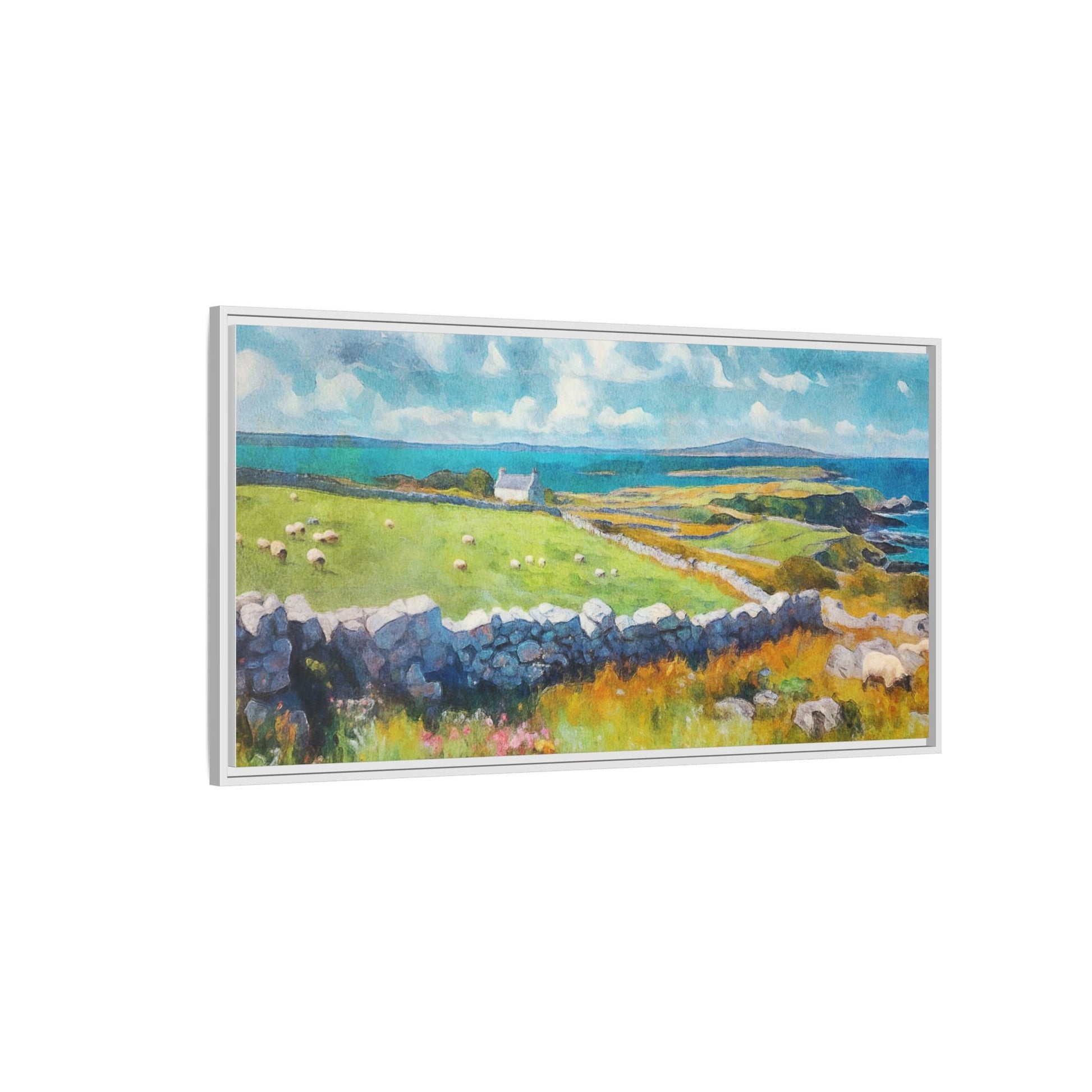 Far Flung Shores W.COL wall art featuring a serene coastal landscape, printed on high-quality canvas with a premium pinewood frame.