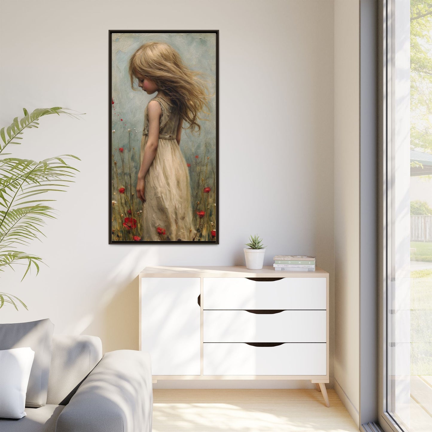 Young Girl In Flowers – Elegant pinewood-framed wall art featuring a high-quality cotton-polyester canvas with vibrant colors and a timeless design.