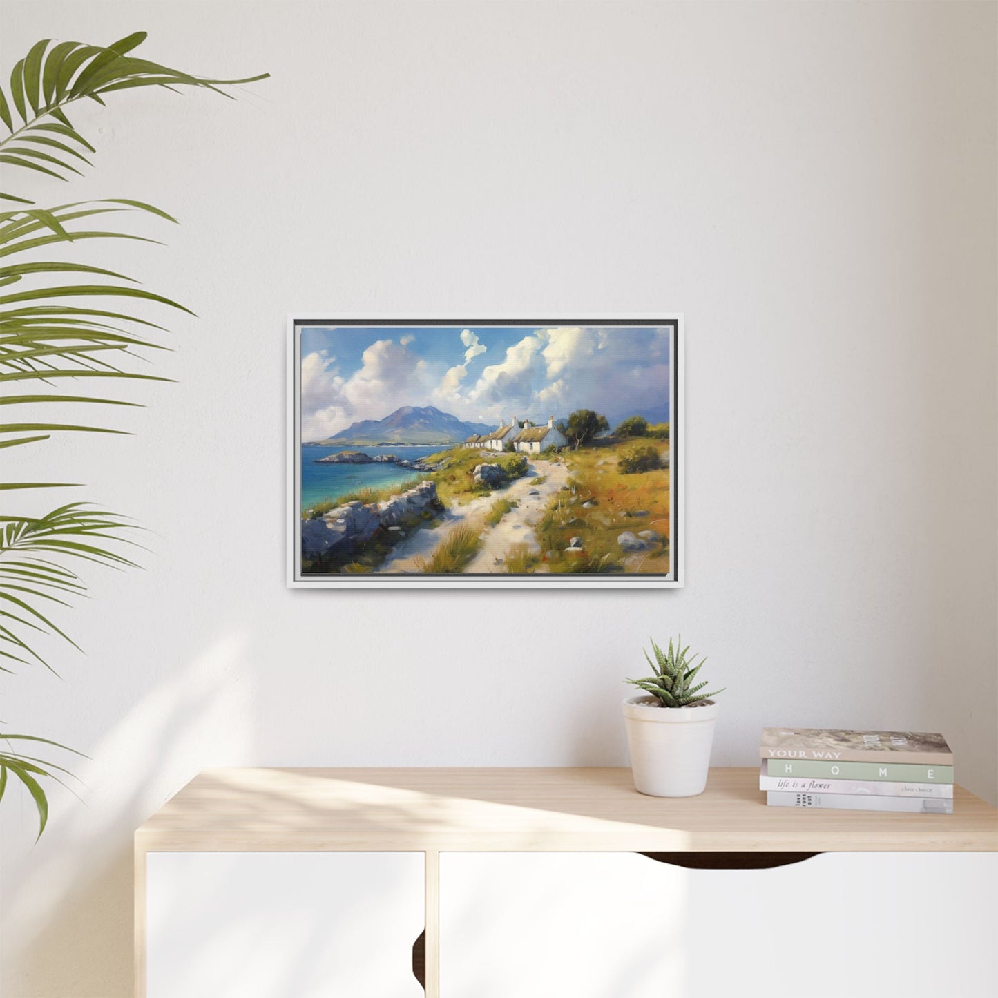 Blustery Day wall art featuring a dramatic wind-swept landscape in a pinewood frame.