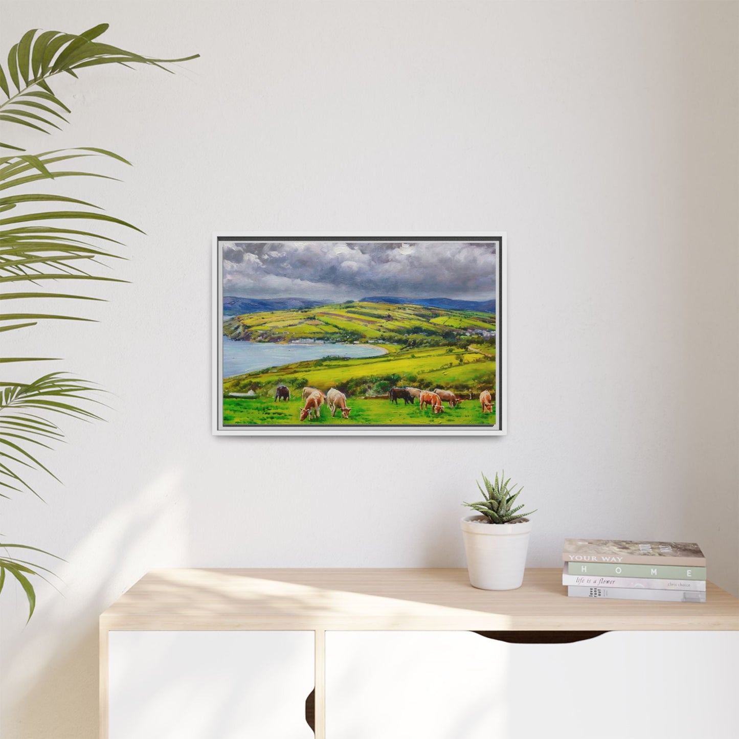 Cushendon Hills wall art showcasing rolling hills and scenic Irish landscapes, framed in high-quality materials for an elegant look.