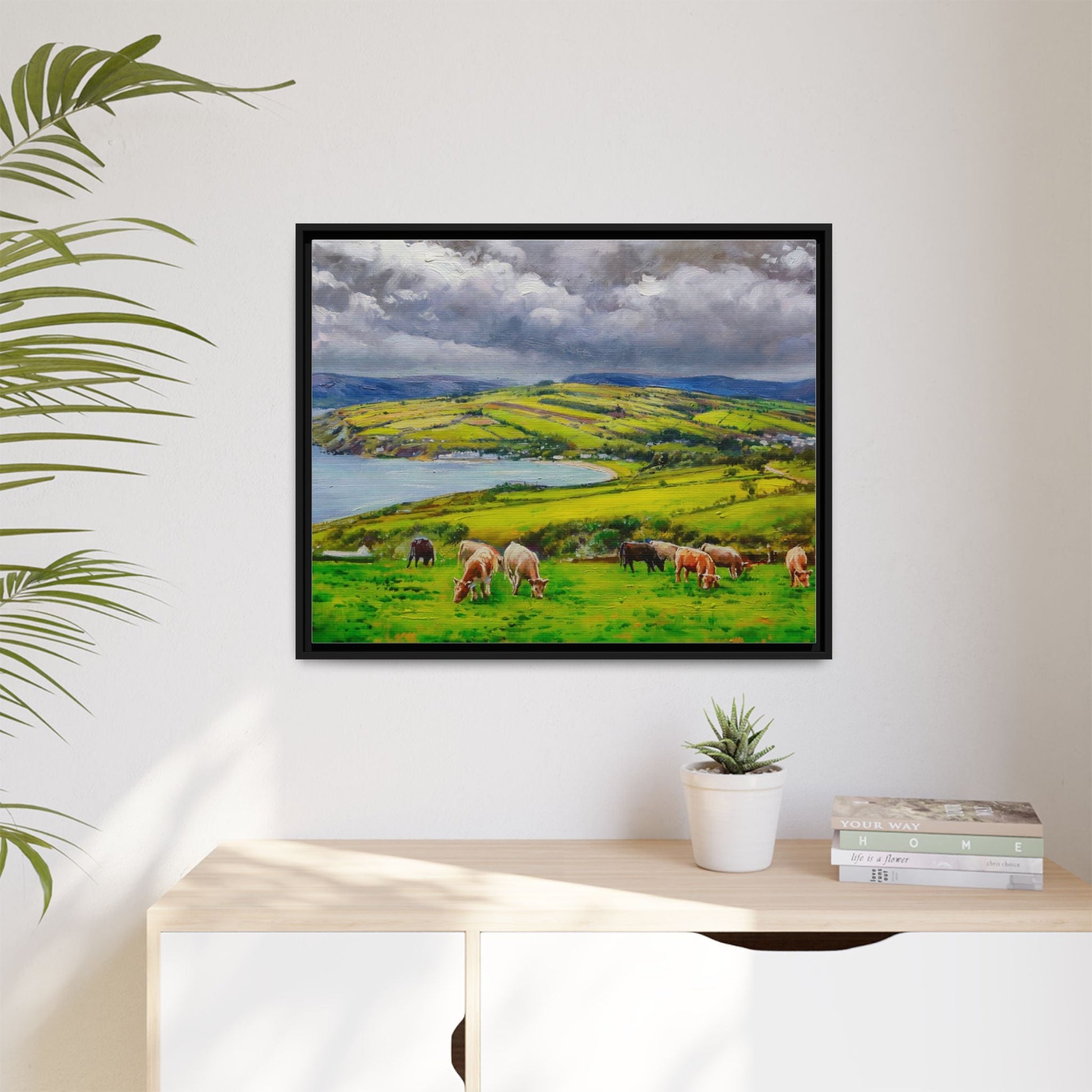 Cushendon Hills wall art showcasing rolling hills and scenic Irish landscapes, framed in high-quality materials for an elegant look.